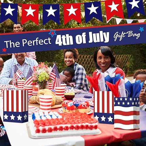Miniatura 5 de 16 bolsas de regalo patrióticas con asa con 18 piezas de papel de seda, bolsas de regalo del 4 de julio, bolsas de regalo de la bandera de Estados