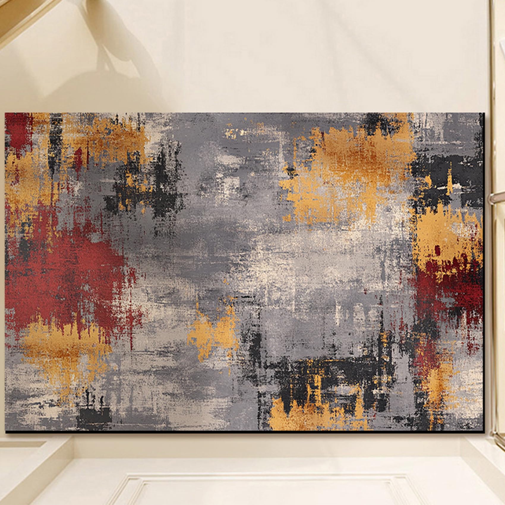 Tapis abstrait moderne noir gris jaune 160 x 200 cm pour canapé