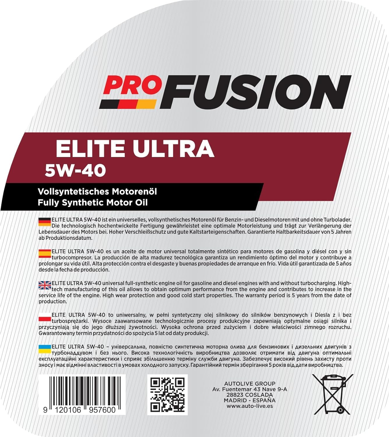 ProFusion Aceite para Motores Gasolina y Diésel 5W-40 C3 – Lubricante Sintético para Coche – Pack de 2 x 5L = 10L
