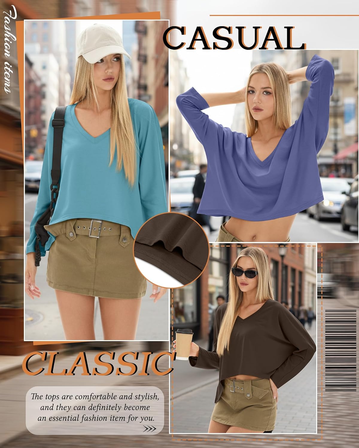 4 Pack Oversized Cropped T Shirts for Women V Neck Long Sleeve Crop Tops Loose Casual Basic Tees Irregular Hem - Image 5