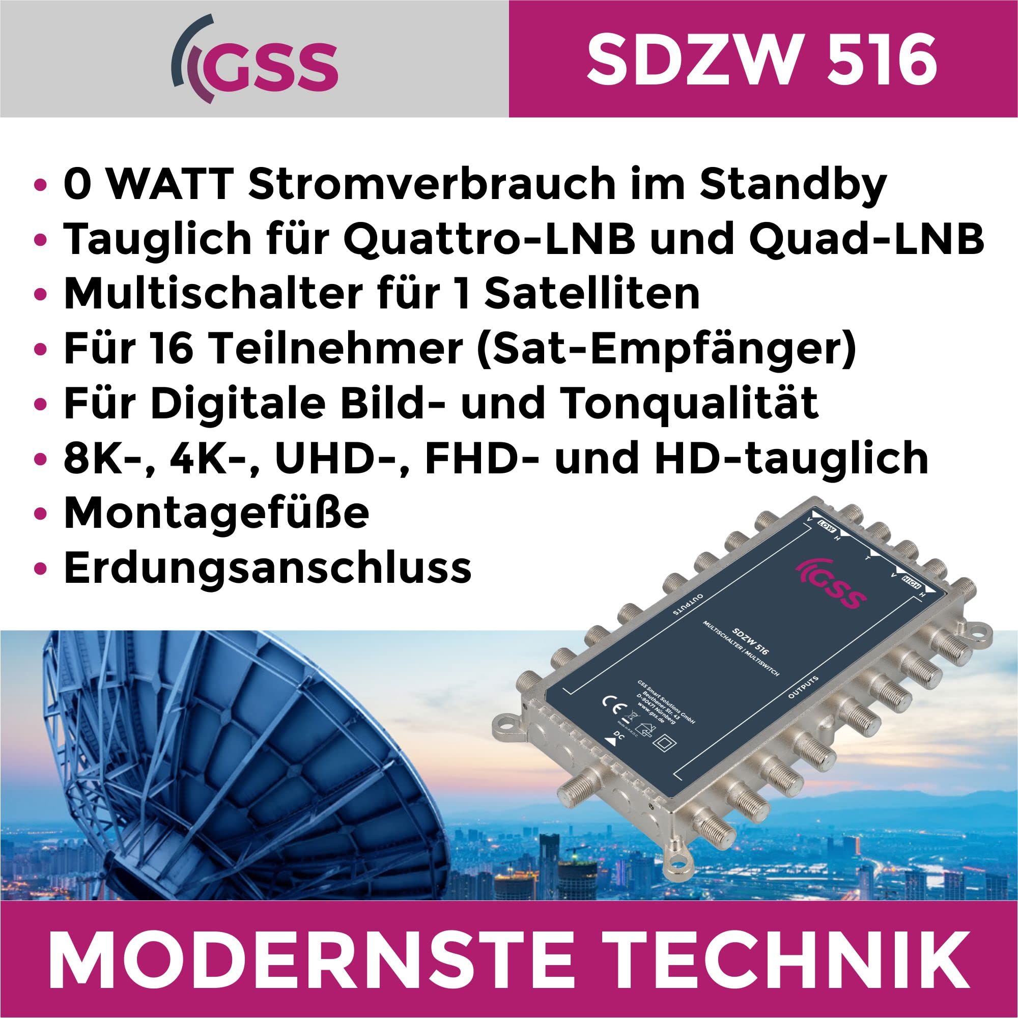 GSS Interruttore satellitare 5/16 STROMLOS per Quattro & Quad LNB, multiswitch per 1 satellite e 16 partecipanti (TV, ricevitore satellite), matrice senza corrente 4K HD distributore satellitare per