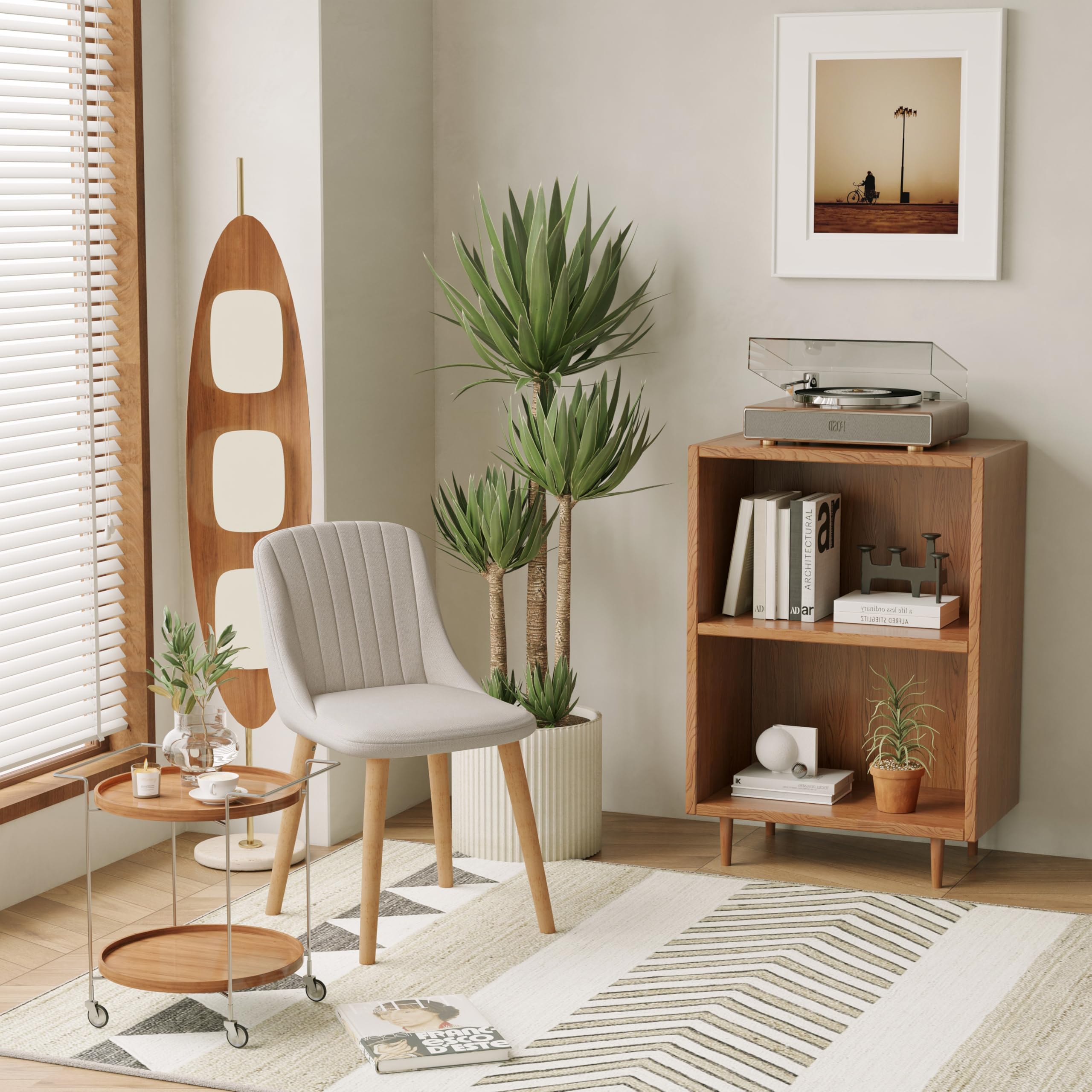 Juego de 4 sillas de comedor de poliéster para sala de estar con patas de madera, silla de cocina tapizada, color beige