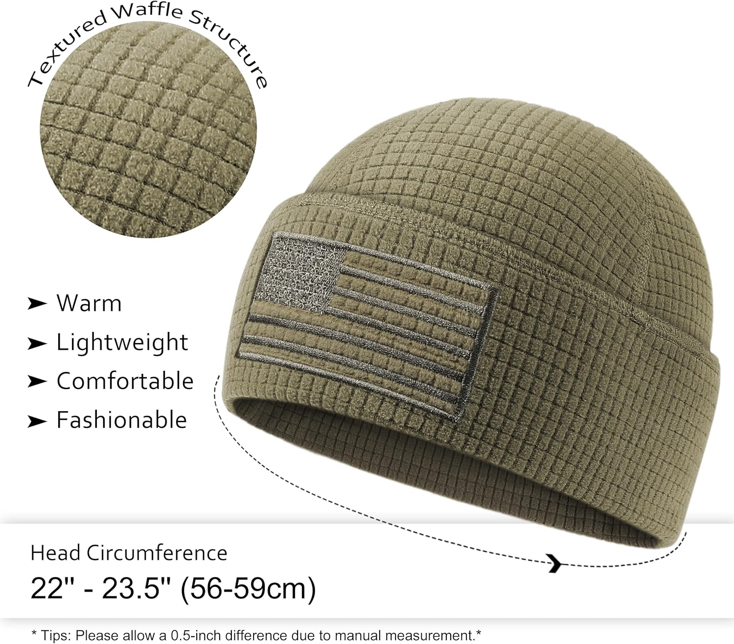 OUTDOOR SHAPING Grid Fleece Cuffed Beanie with American Flag Embroidery Leather, Waffle Tactical Army Police Skull Cap - Image 2