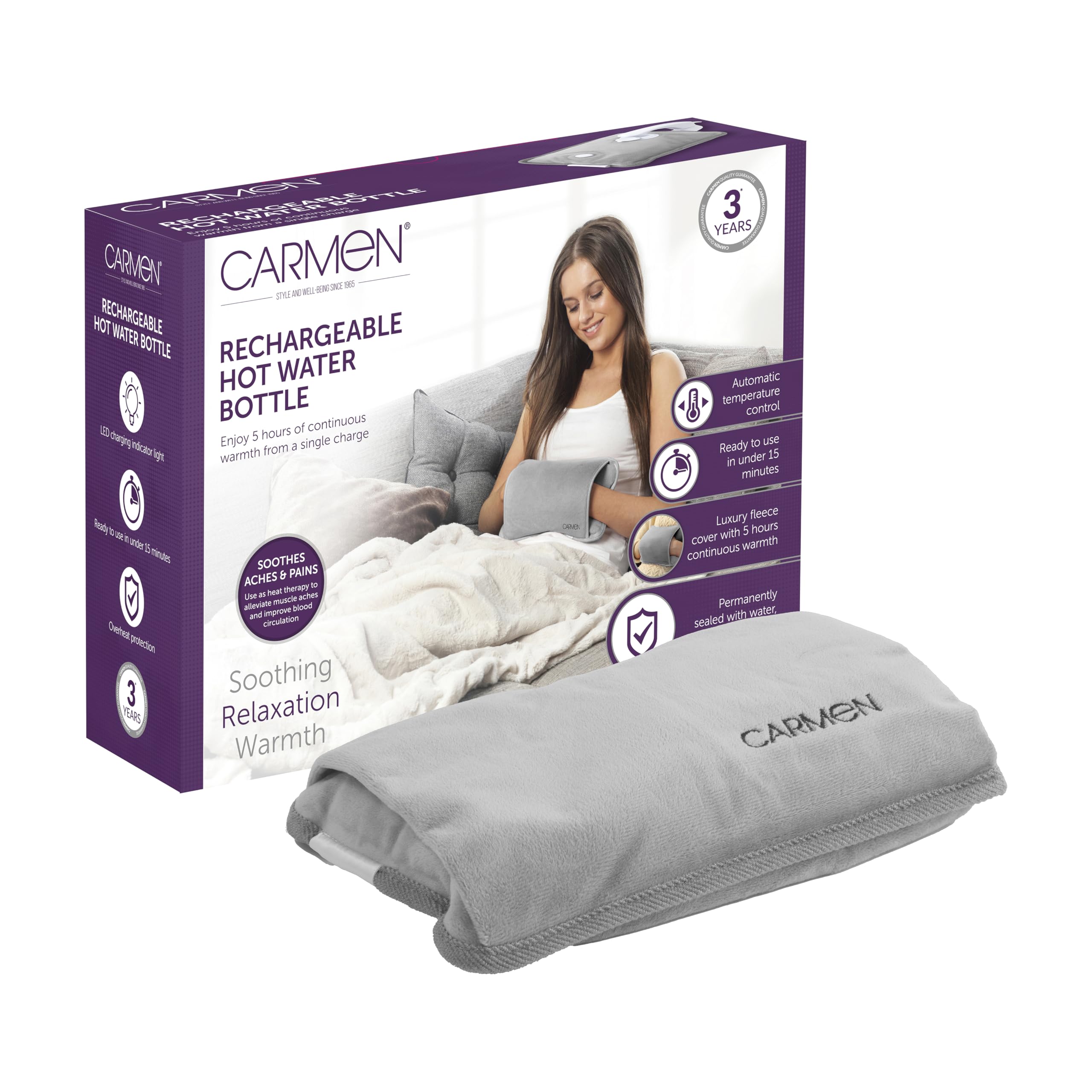 Carmen Rechargeable Hot Water Bottle, Soft Touch Fleece Cover, Hand Warmer, Automatic Temperature Control, Grey, H x 17cm W x 24cm, C85043GRY