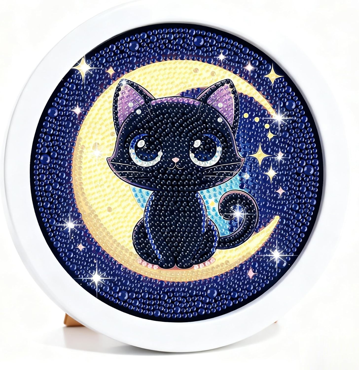 Gemozaic Cat Diamond Art Kits for Kids with Round Frame, Black Cat Diamond Art for Kid Ages 6-8-12, Animal Gem Painting for Gift Home Wall Decor (8x8inch)