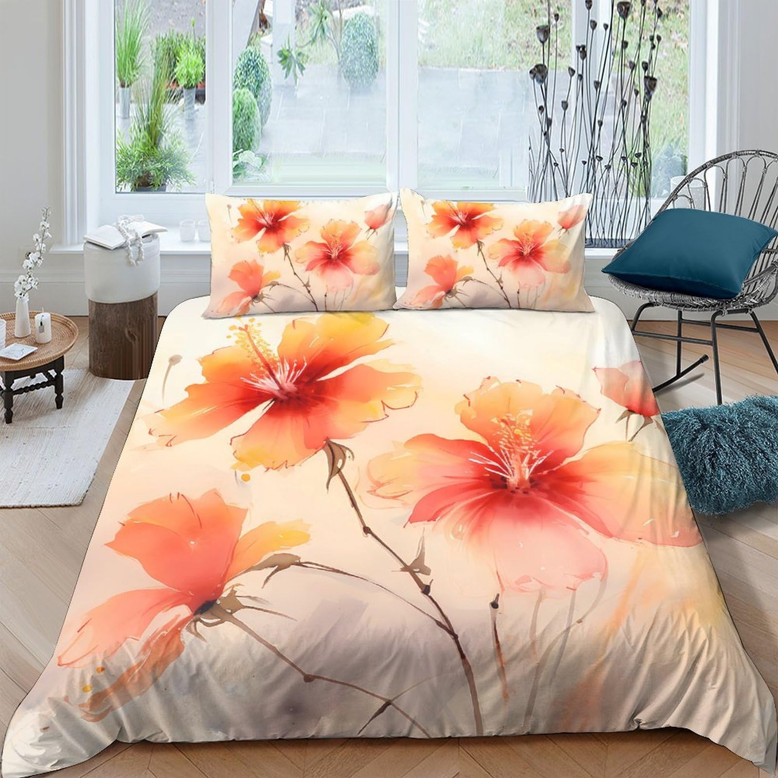 Ctjqhvkz Style-3 3D Printed Watercolor Floral Fitted Sheet Microfiber Soft Orange Blossom Bed Sheet For Bedroom Guest Room Decor Single（135X200cm）