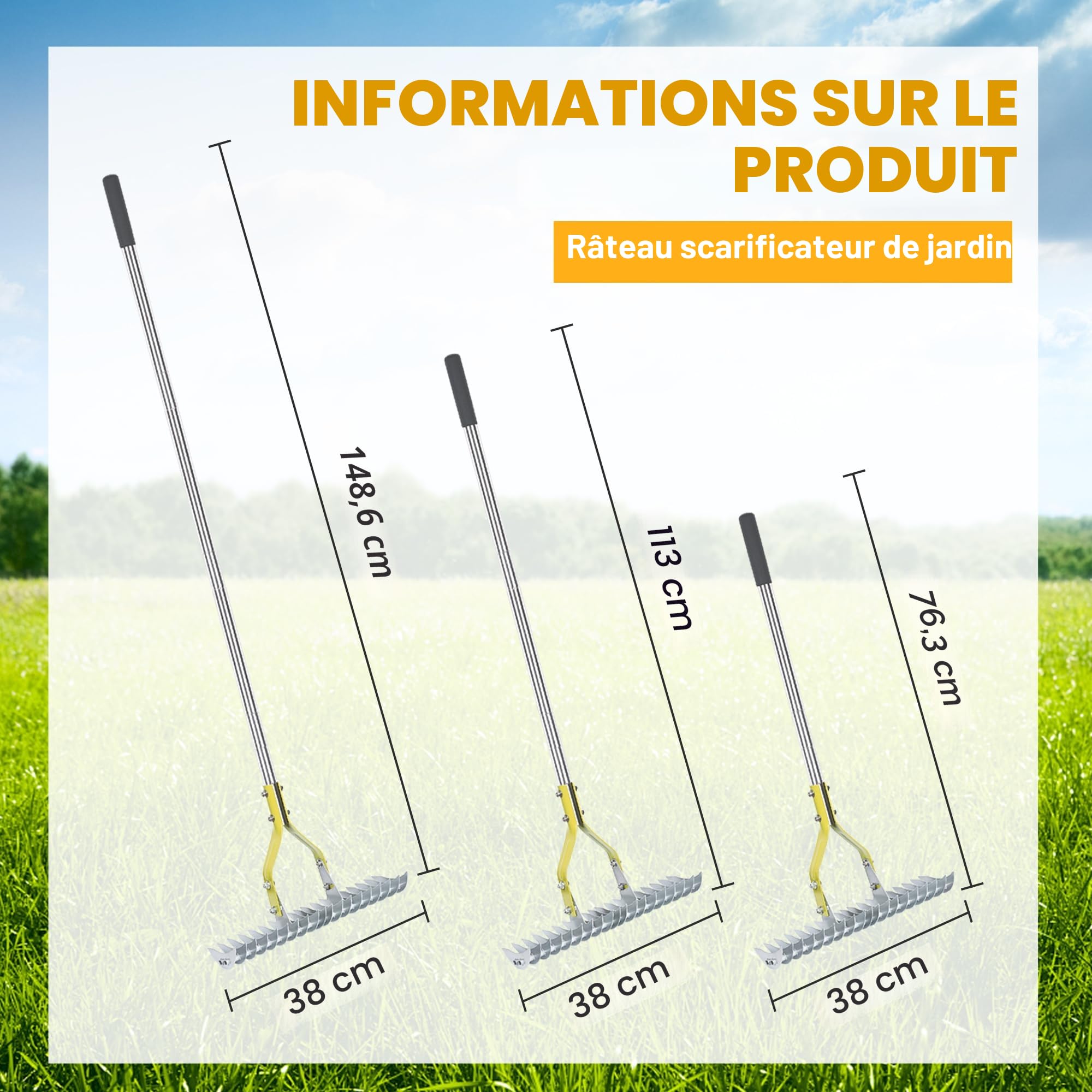 BARAYSTUS Scarificateur à Gazon, Râteau Déchaumeur à Chaume, Manche Réglable 148 cm, Dents Acier Carbone – Outil Multifonction pour Désherber et Aérer le Sol – Pelouse et Jardin