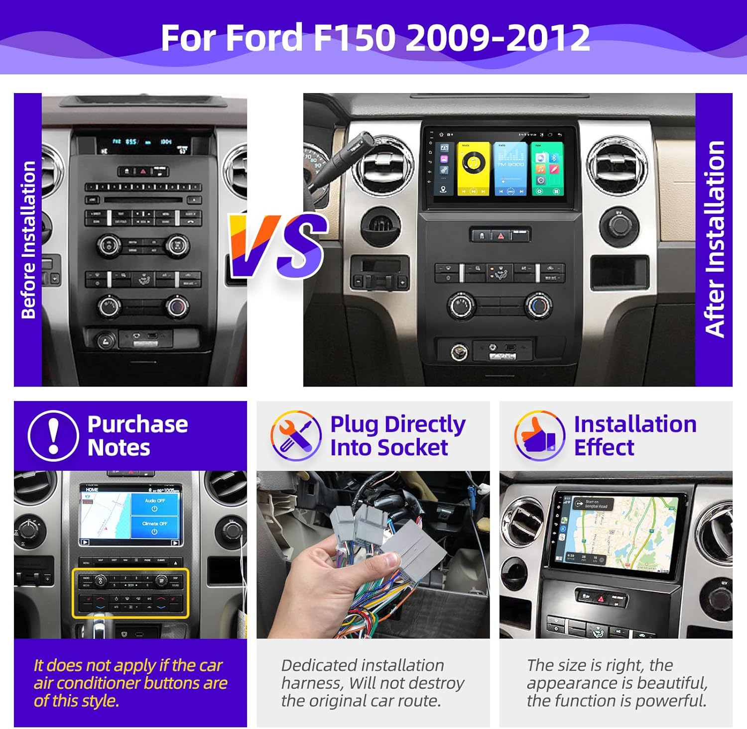 Radio Upgrade for Ford F-150 2009-2012 and 2013 2014 XL Compatible with Wireless Carplay Android Auto TouchScreen Car Stereo Bluetooth GPS Navigation WIFI FM/AM/RDS Backup Camera 8core Head Unit