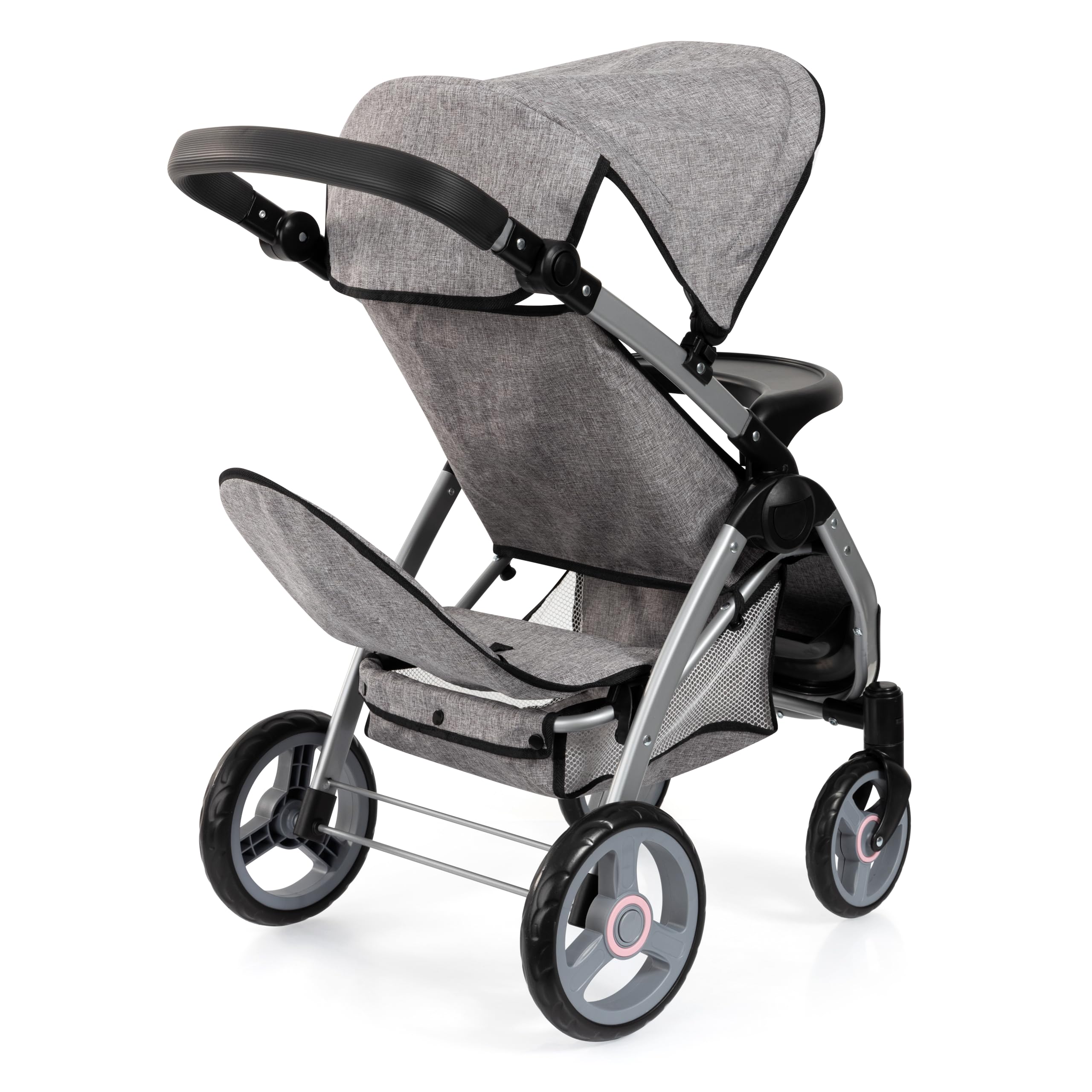 Bayer Design 39433AA Zwillingspuppenwagen, Puppenwagen, Geschwisterwagen, höhenverstellbar, klappbar, Tasche, Jeans-grau, Rosa, 60x41x68 cm, 13.97x7.08x18.89 in | für Mädchen und Jungs, ab 3 Jahre