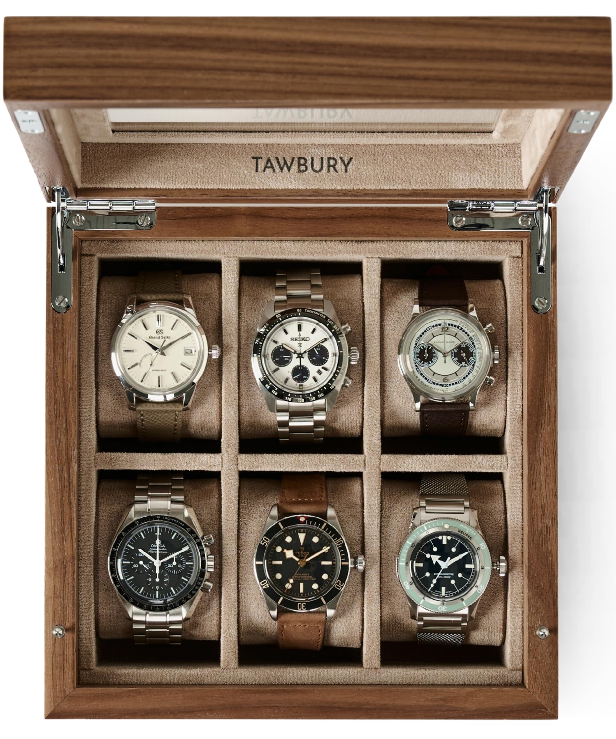 TAWBURY Custodia per orologi in legno, con 6 scomparti, per uomini e donne, con display in vetro, interno protettivo completamente foderato e cuscini larghi 5 cm per orologi piccoli e grandi (noce