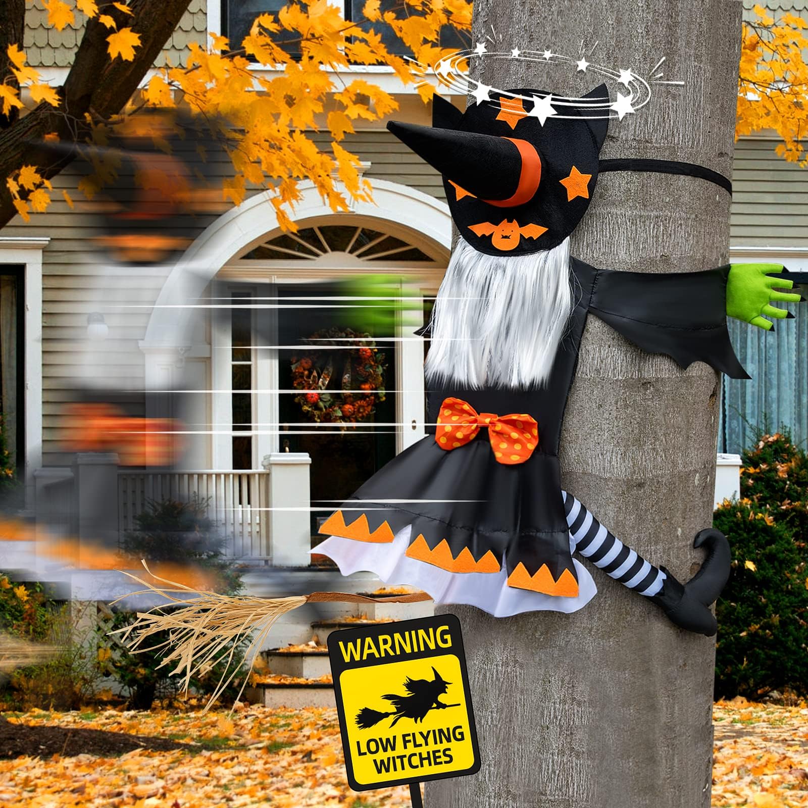 Crashing Witch Decor, Halloween Decorations Clearance Outdoor Witch Props Ornaments, Hanging into Tree/Porch Pole/Door/Indoor/Yard, with Adjustable Band, Outside Garden Funny Witches Flying Crashed