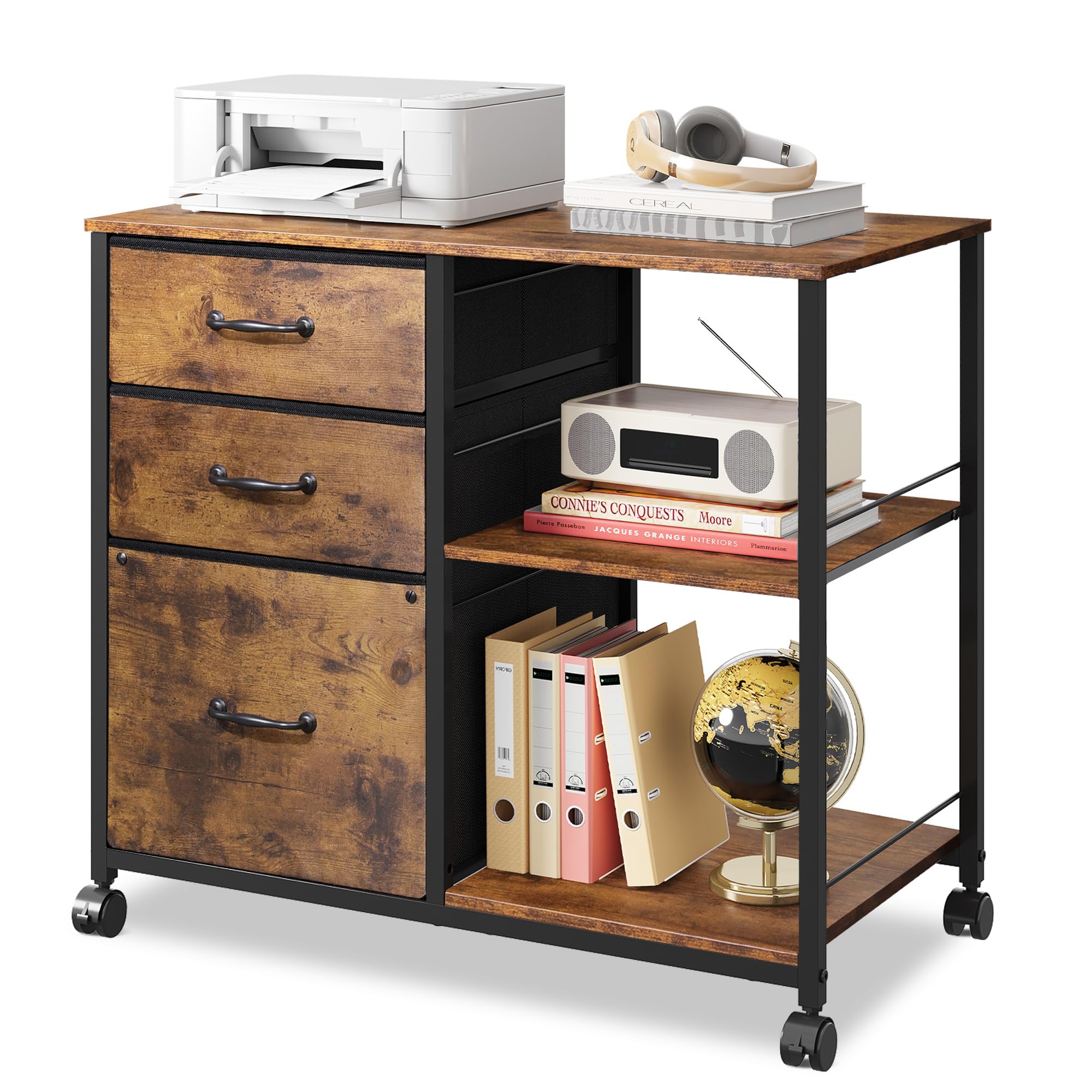 DEVAISE 3 Drawer Mobile File Cabinet, Fabric Lateral Filing Cabinet Rustic Brown Wood Grain Print No Charging Station