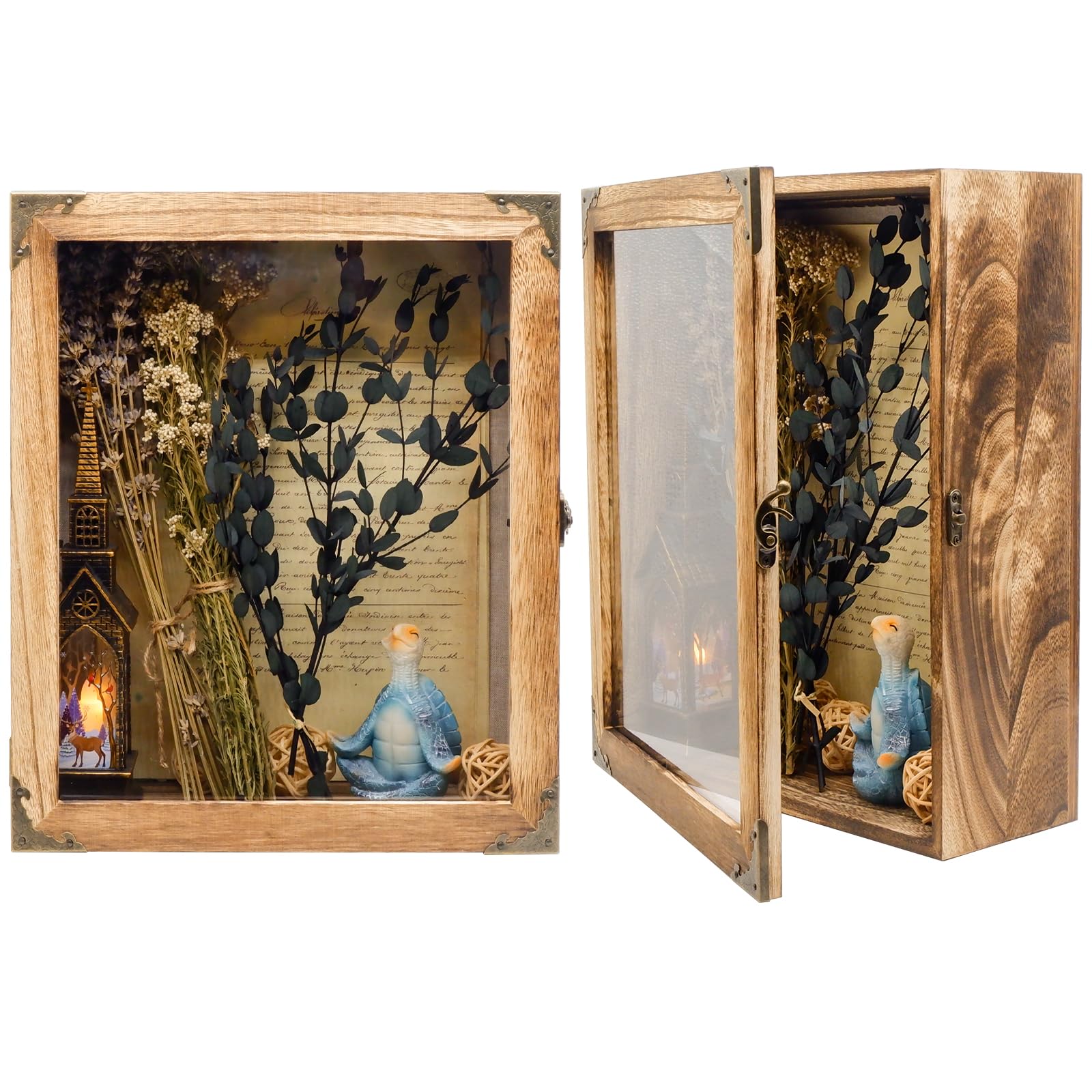 - 11 x13 Shadow Box Frame, Sturdy Rustic Memory Display Case with Linen Back and Acrylic Door, Picture Frame Wedding Bouquet Memorabilia Medals Photos