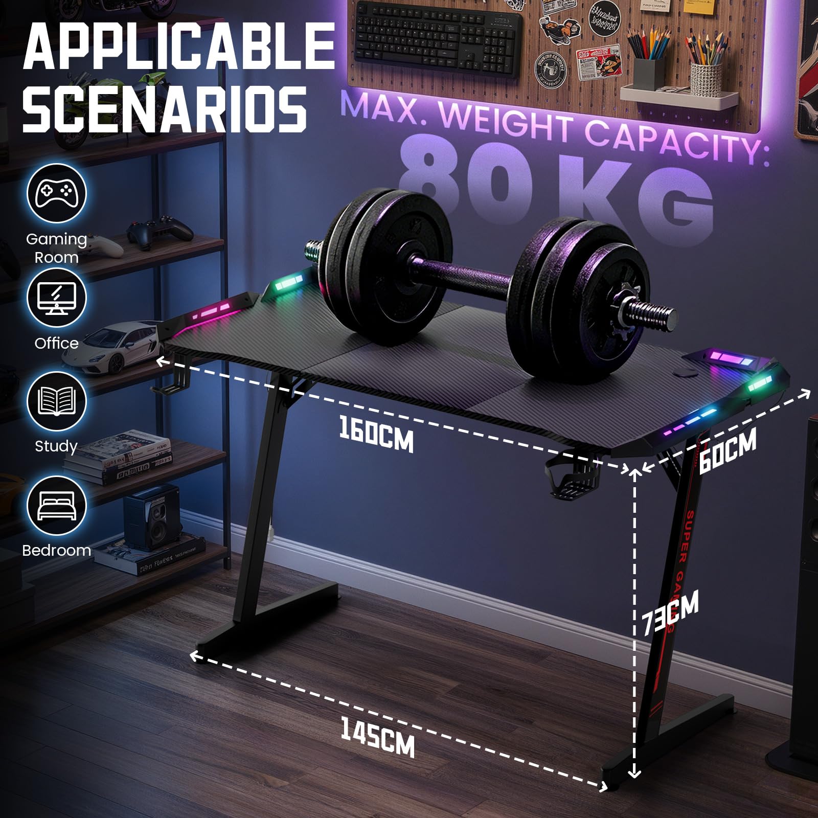 Huracan Gaming Tisch 160cm mit LED RGB Beleuchtung, XXL Gaming Schreibtisch mit Kohlefaser Oberfläche, 10-stufig dimmbar, Stabiler Z-Form PC Tisch Computertisch mit Kopfhörerhaken & Getränkehalter