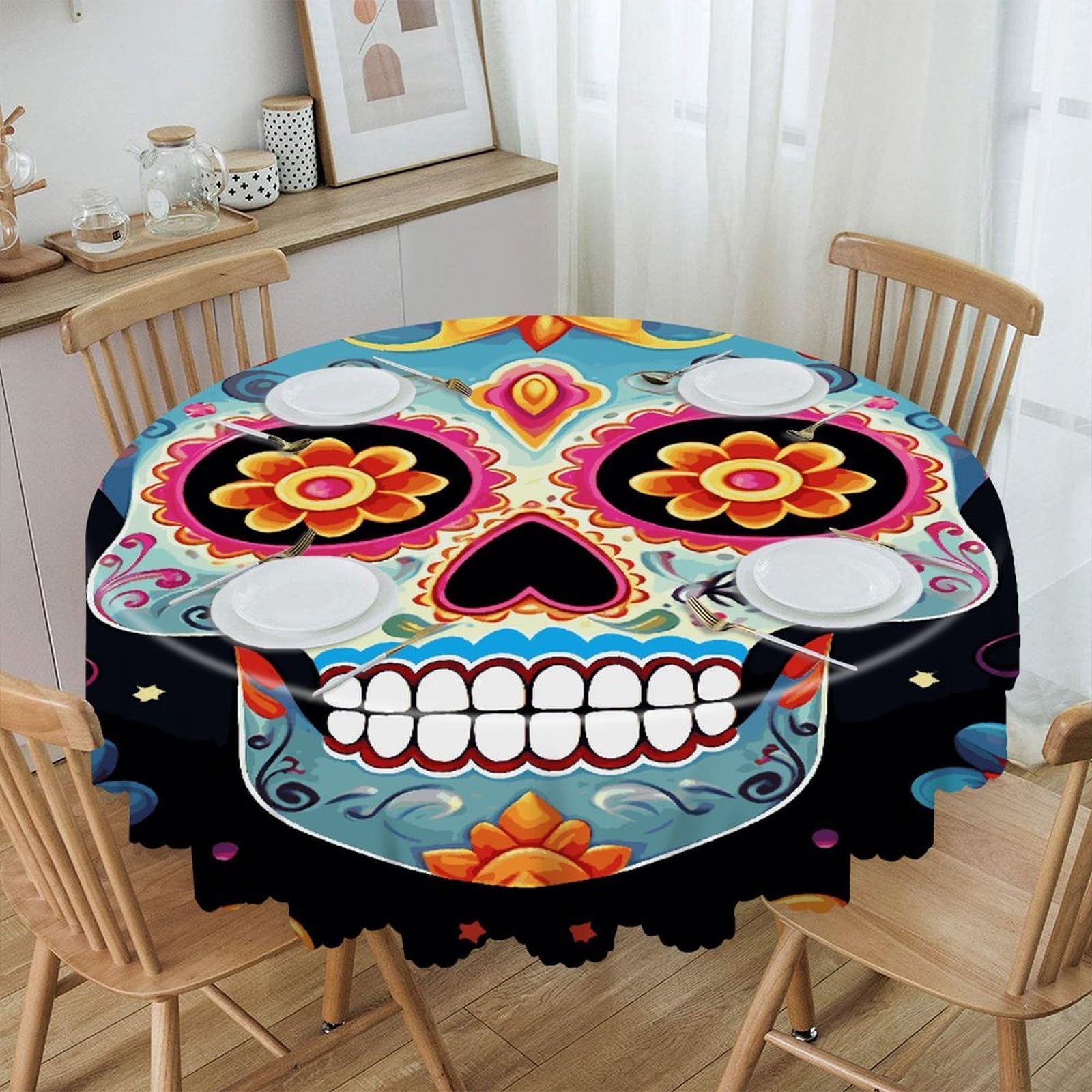 FekiLoot Sugar Skulls Round Tablecloths 60 Inch Resistant Washable Polyester Table Cloth Style Decorative Circle Fabric Table Cover for Dining Kitchen Party Farmhouse Outdoor