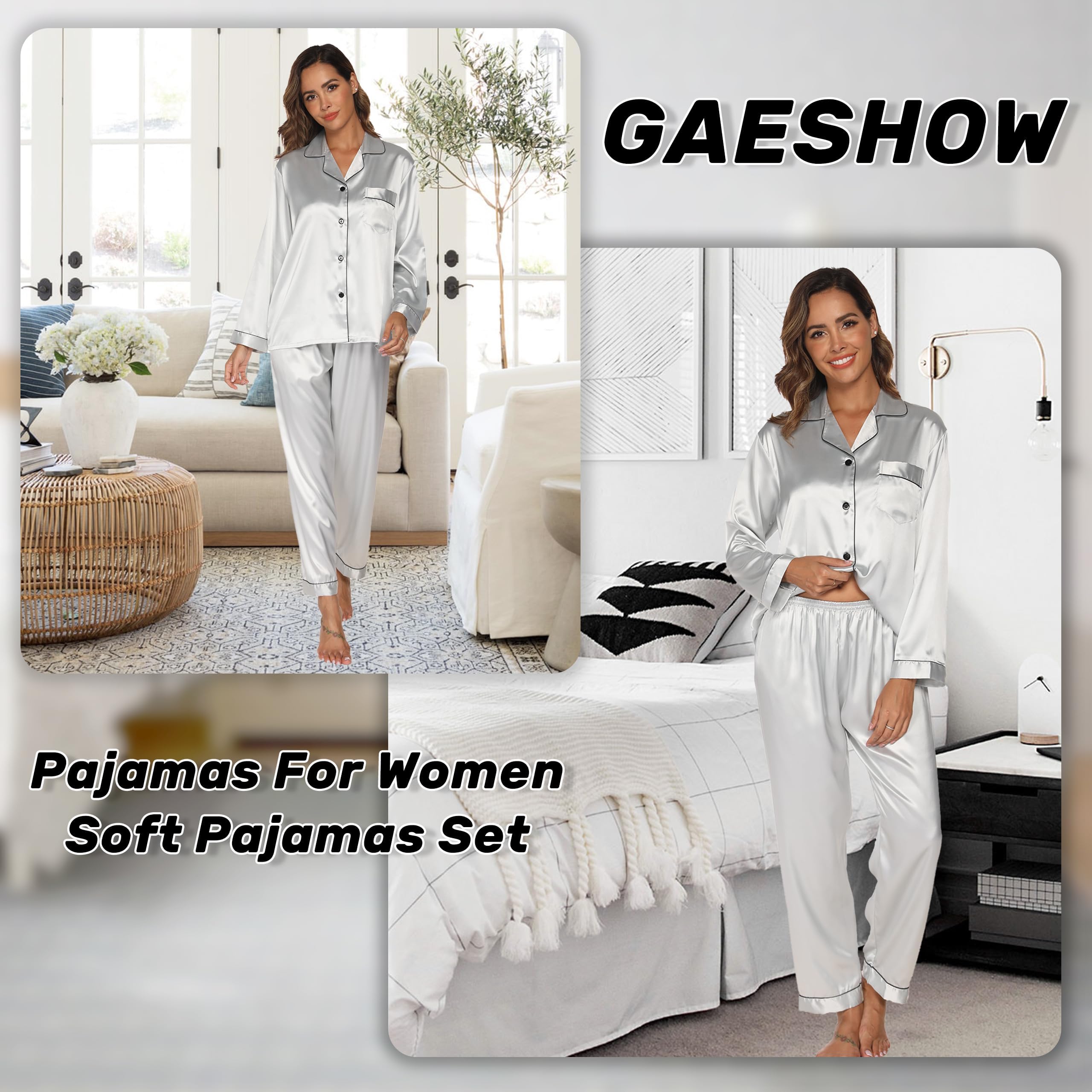 GAESHOW Conjunto de Pijama de Seda de Satén para Mujer, Conjunto de Manga Larga con Botones, Ropa de Dormir, Ropa de Descanso, Conjuntos de Dos Piezas, S-XXL