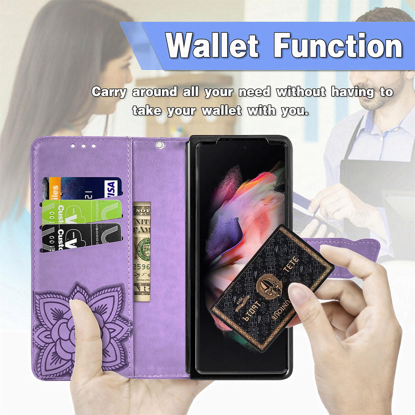 Etui z klapką do Samsung Galaxy Z Fold 5, portfel, skóra PU, wytłoczone kwiaty, motyl, pasek na nadgarstek, etui na karty kredytowe, różowe1