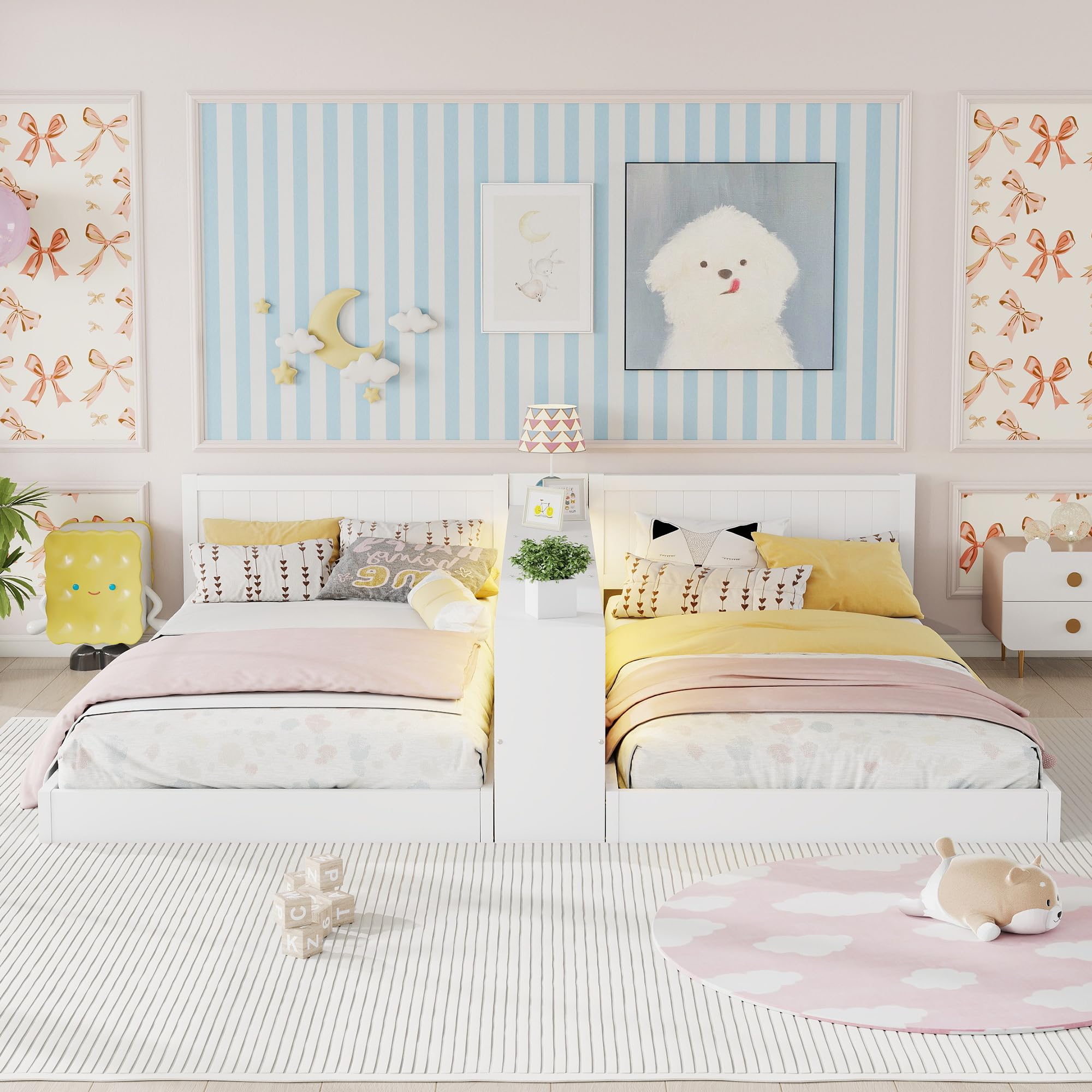 Photo 1 of KEIKI Double Twin Size Wooden Floor Bed Frame with Storage Shelves & USB, for 2, Detachable 2 in 1 Low Profile Floor Design Bed with Slats, No Box Spring Required, Easy Assembly, for Bedroom, White