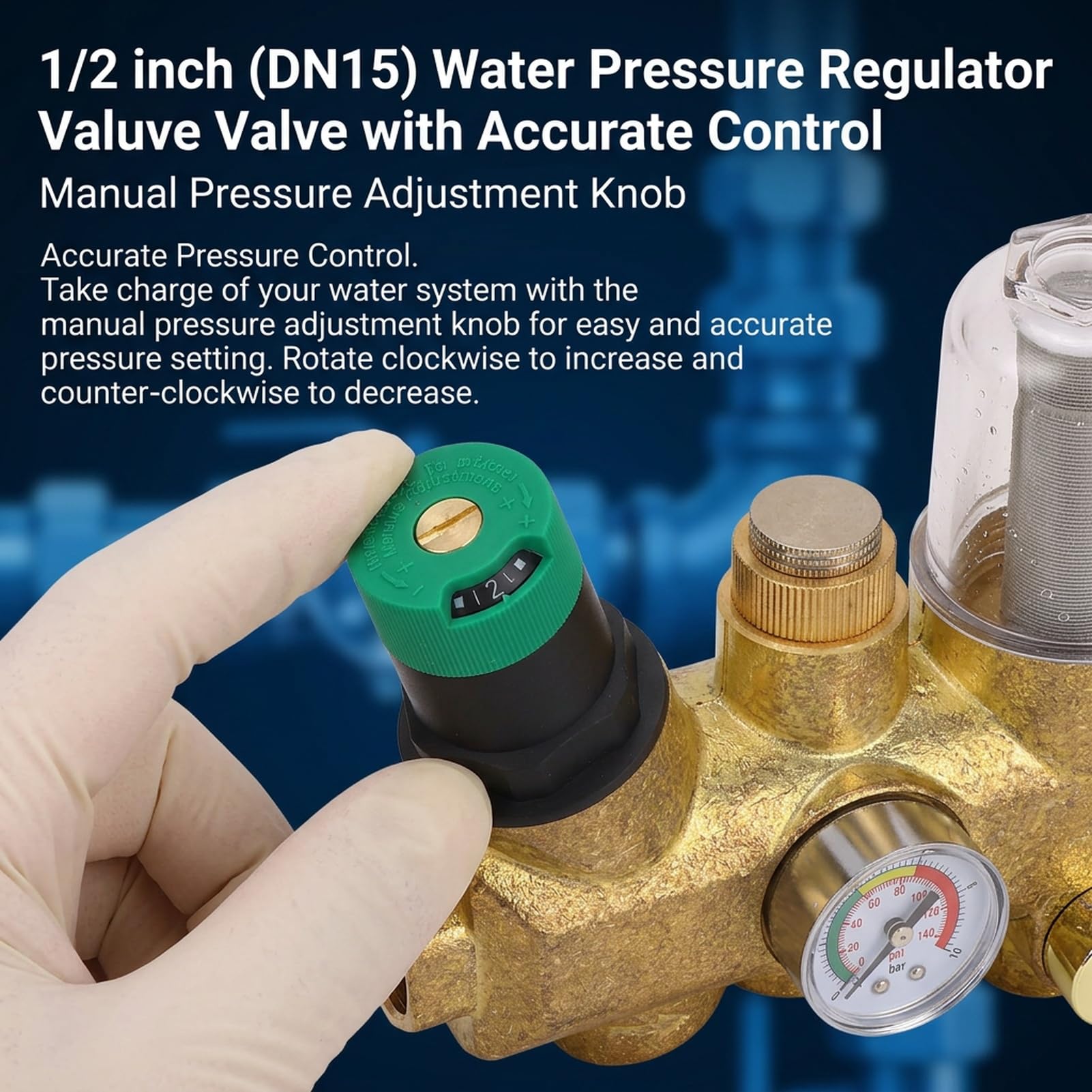 Valvola regolatrice della pressione dell'acqua, corpo in ottone DN15 da 1/2 pollice, con filtro autopulente da 40μm e manometro per la linea principale dell'acqua (1/2 pollice (DN15))