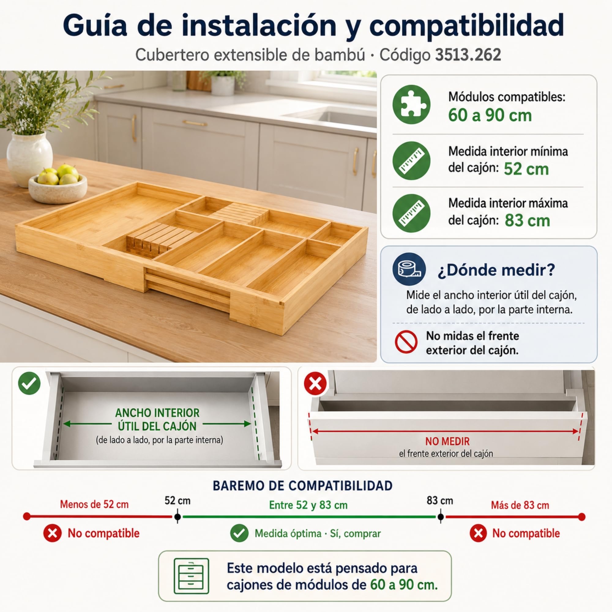 ALK Cubertero extensible válido como organizador cocina para cajones almacenaje, cubertero cajon o bandeja bambu, organizador cubiertos para cajon, organizador escritorio cajones (Cajones 52-83 cm)