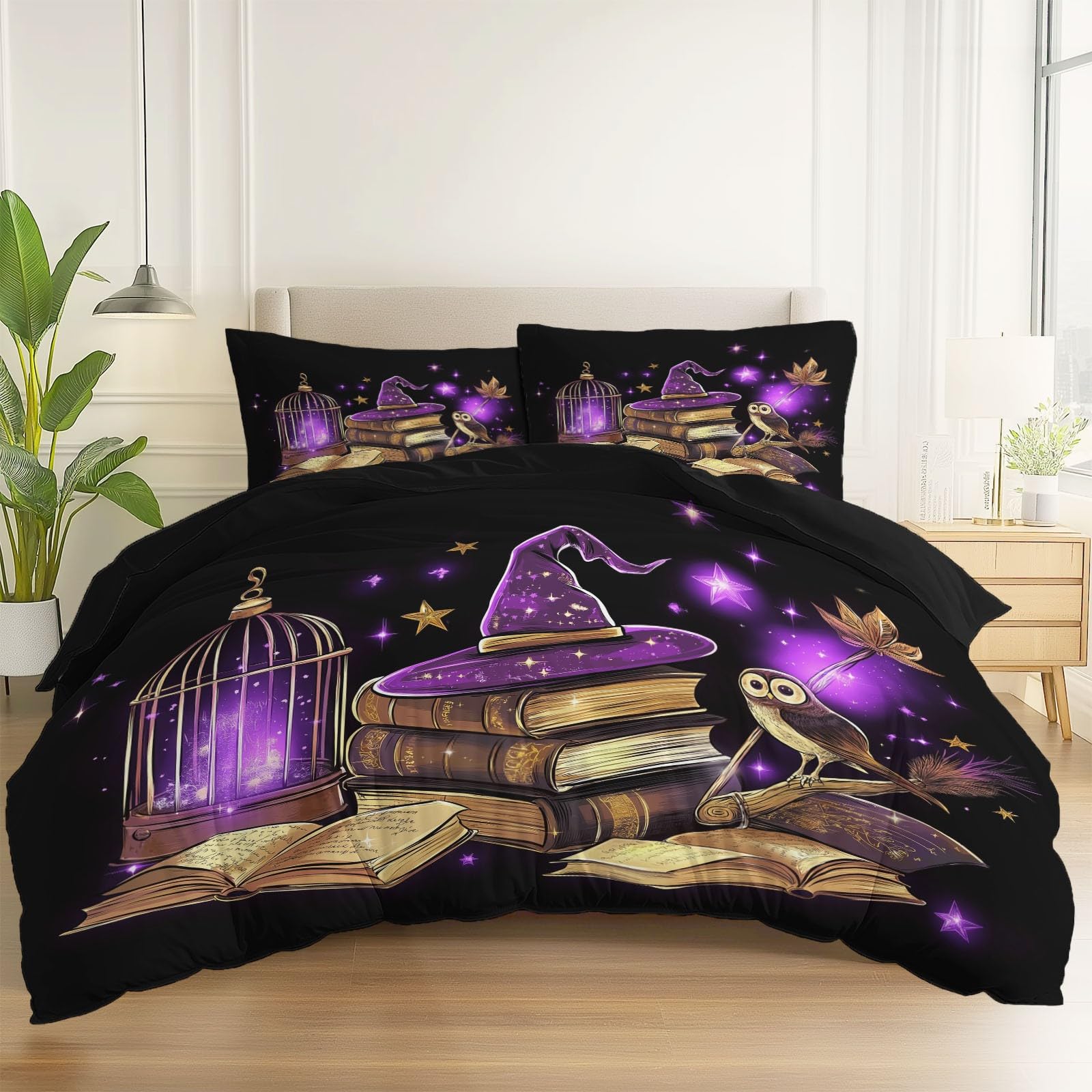 Set di Biancheria da Letto con Stampa Cartone animato Fantasy Tema Harry Potter, Copripiumino con Cerniera, 200 x 200 cm Incluso 2 Federe, Biancheria da Letto per Ragazzi e Ragazze, Nero