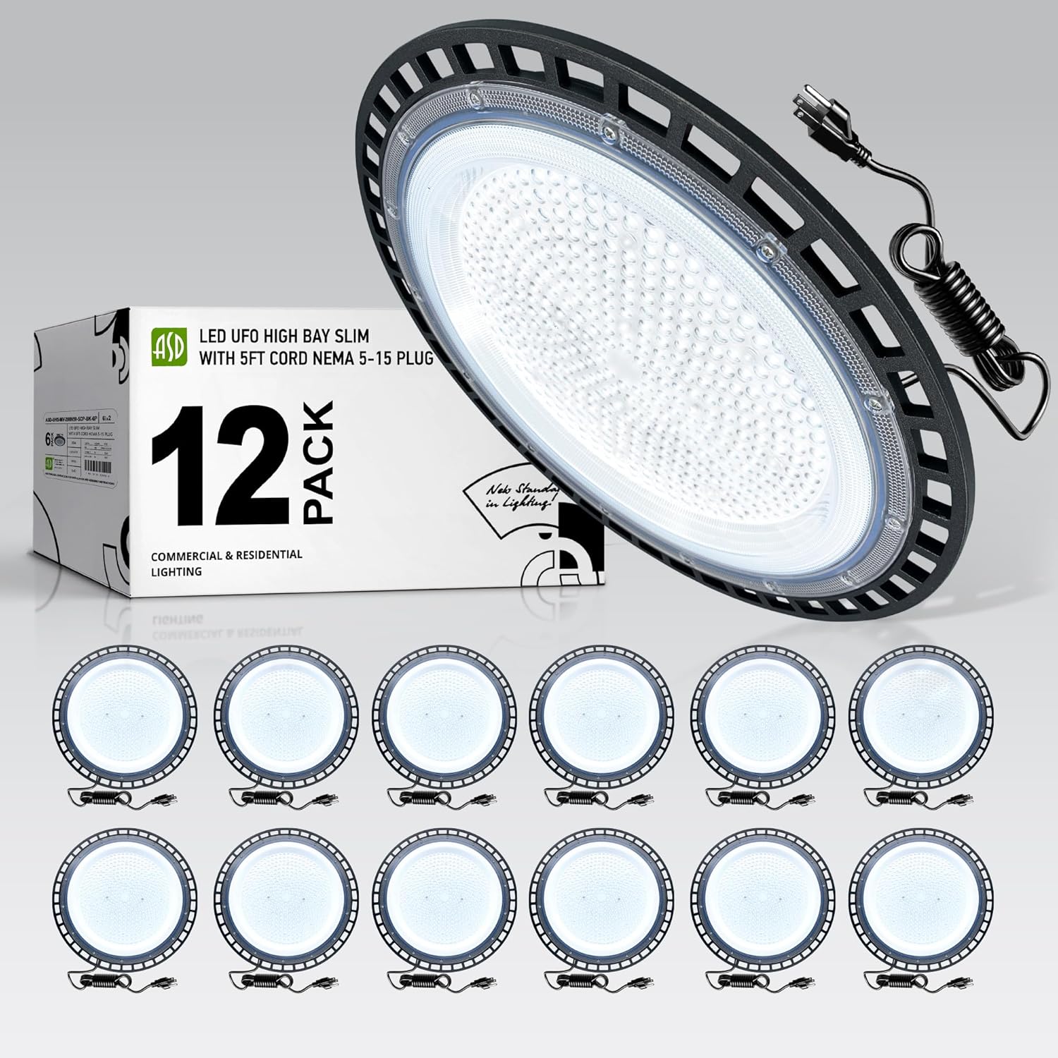 ASD LED Low Bay Hanging Light Fixture, Temporary Pendant Work Lighting | Wire Linkable, IP65 Waterproof, ETL Listed | 200W 23900LM 5000K 100-277V | Warehouse, Garage, Workshop Lamp | Black, 12 Pack