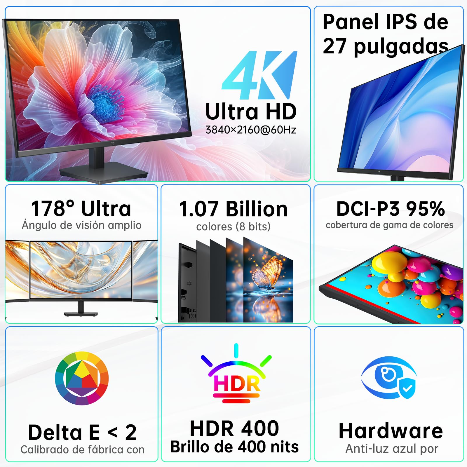 KTC Monitor 4K de 27 Pulgadas | UHD@60Hz | 1,07 Mil Millones de Colores, 133% sRGB, 100% DCI-P3, ΔE＜2 | Brillo 400 CD/㎡, HDR400 | VESA | Hardware Anti-Luz Azul | 2 x HDMI 2.0, 1 x DP 1.4 | H27P27