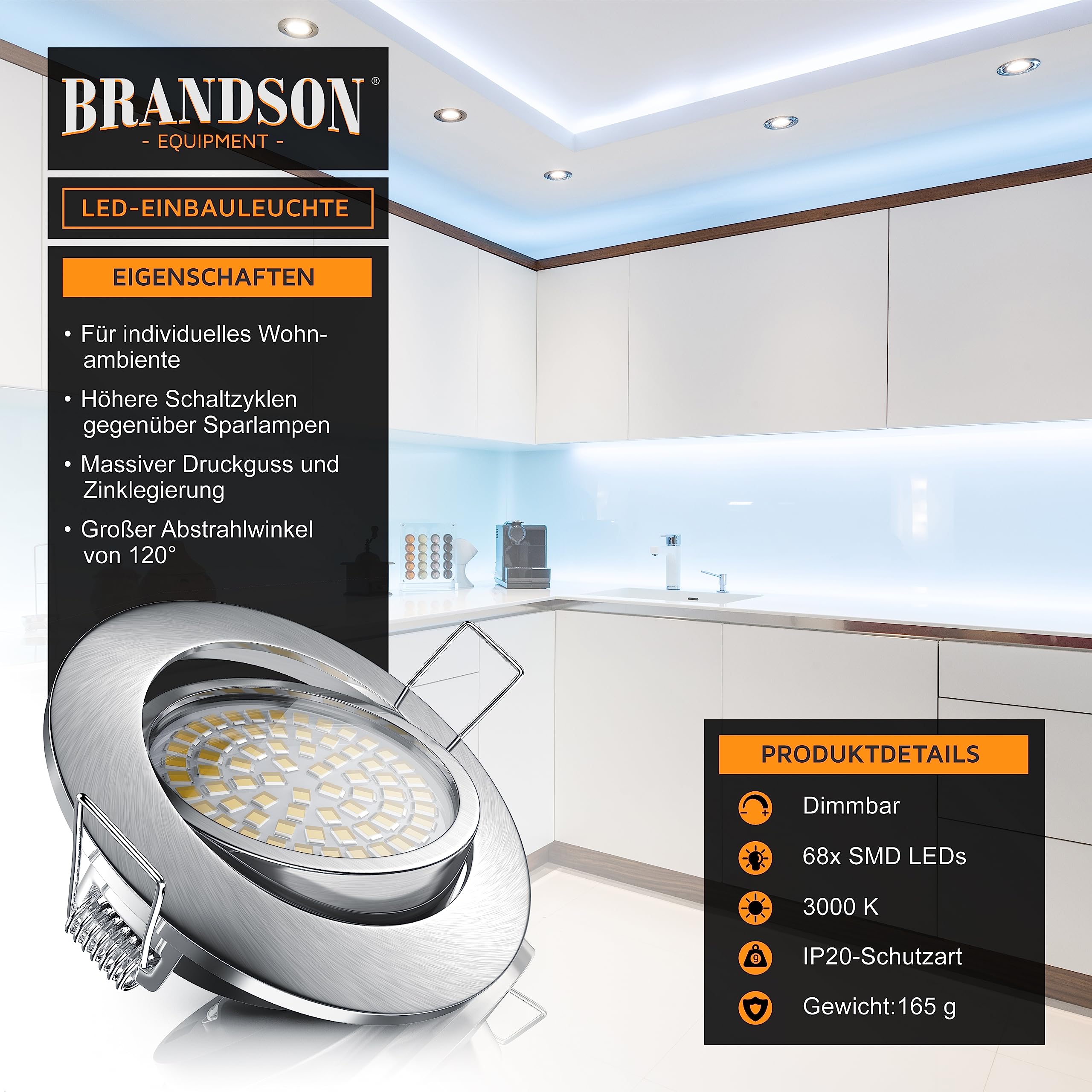 Brandson - 12x LED Deckenspot dimmbar und schwenkbar - Ultra Flache Spots Einbauleuchte - Einbauspot Deckenstrahler - Slim Aluminium Rahmen Edelstahl Optik - Abstrahlwinkel 120 Grad - 230V