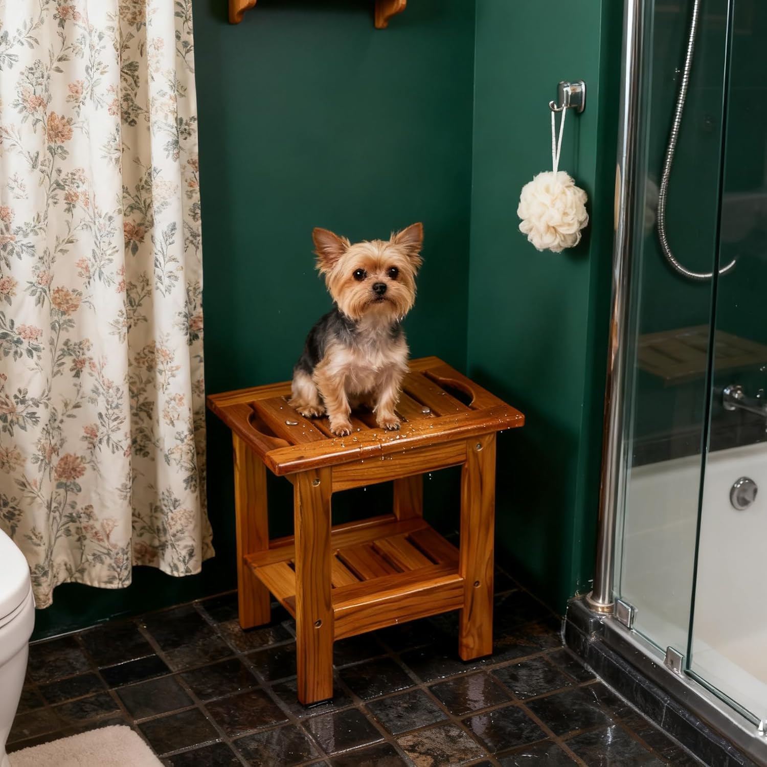 Utoplike Teak Shower Stool, Compact Shower Bench with Shelf & Handle, Foot Rest for Shaving Legs, 2-Tier Small Wooden Bath Seat with Non-Slip Feet for Bathroom, Bathtub, or Outdoor Use