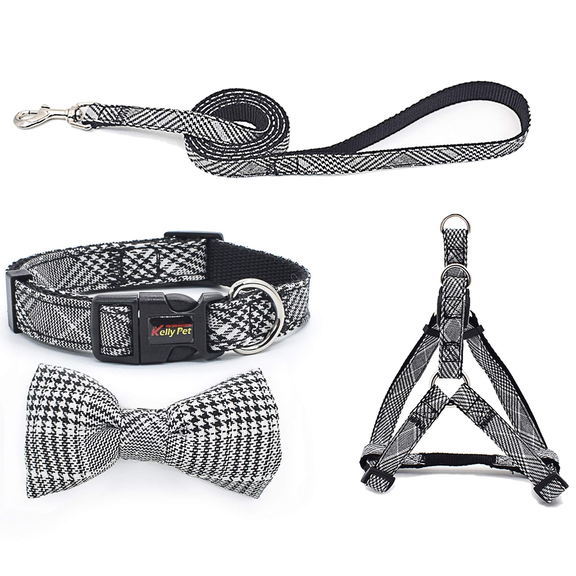 Fas Plus No Pull Dog Harness and Leash Set with Bow Tie Collar,Adjustable Vest Harness Back Clip Heavy Duty 4FT Leash for Small, Medium, Large and Extra Large Dogs.(Grey/White-XL)