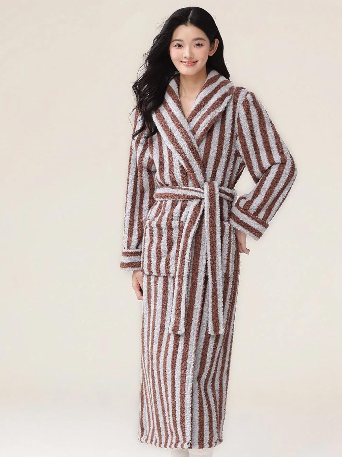 Couples Bathrobes Winter Fuzzy Striped Plush Robe Long Fleece Loungewear for Women and Men