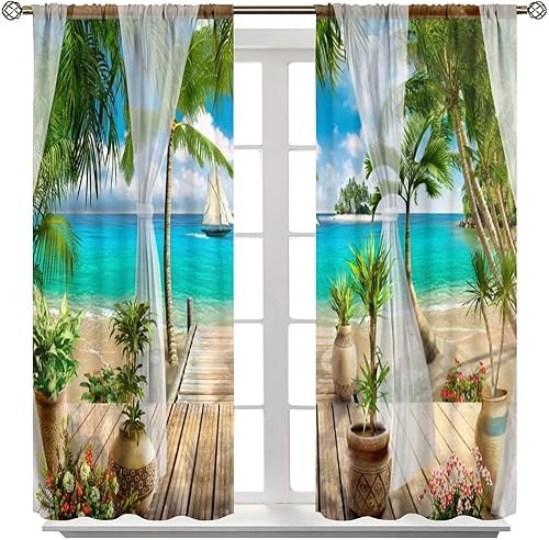 Miniatura 8 de Cortinas opacas de paisaje tropical, plantas de árbol de coco, flores, playa con bolsillo para barra, juego de 2 paneles para decoración de