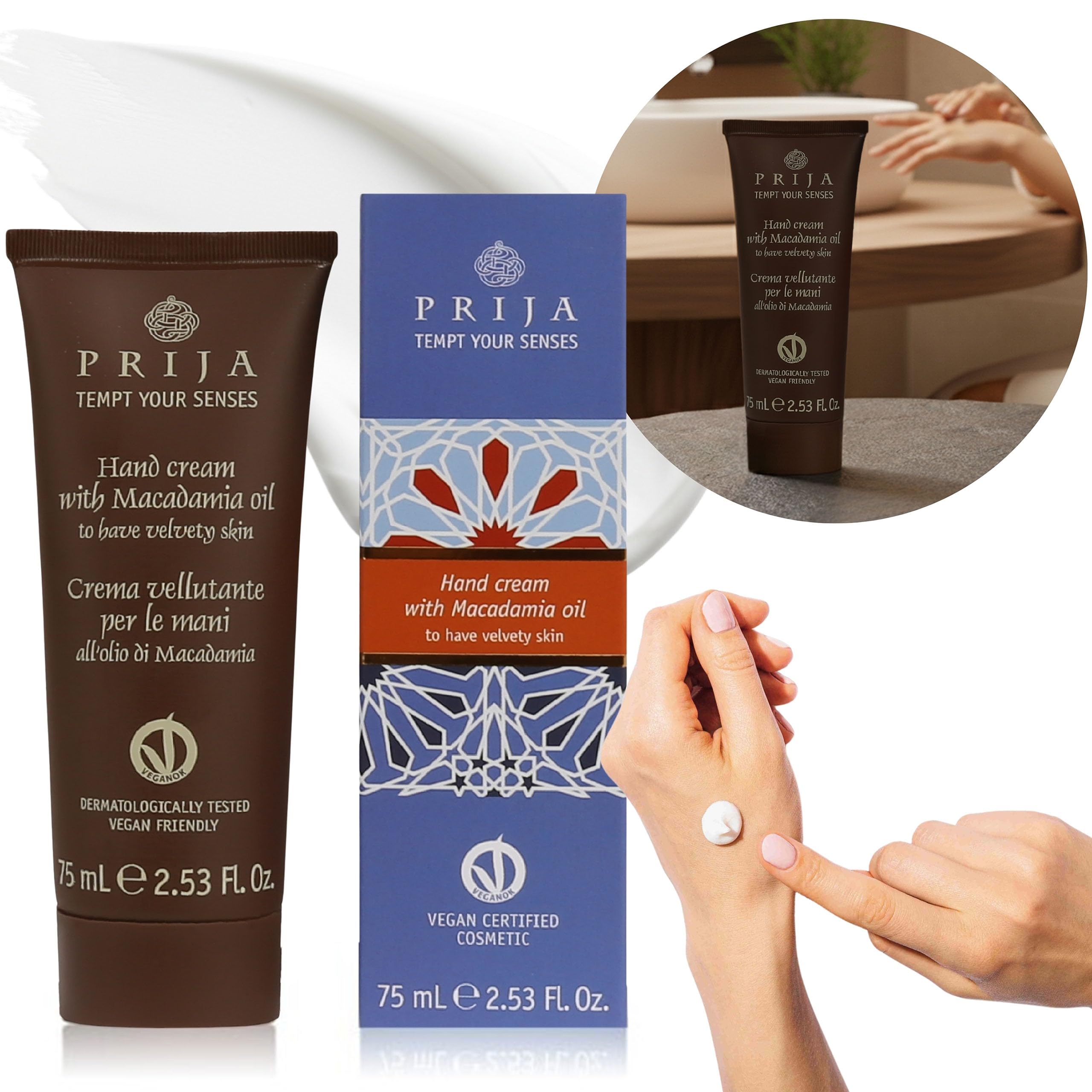 PRIJA Crema mani idratante con olio di macadamia vegano, 75 ml (75 ml)