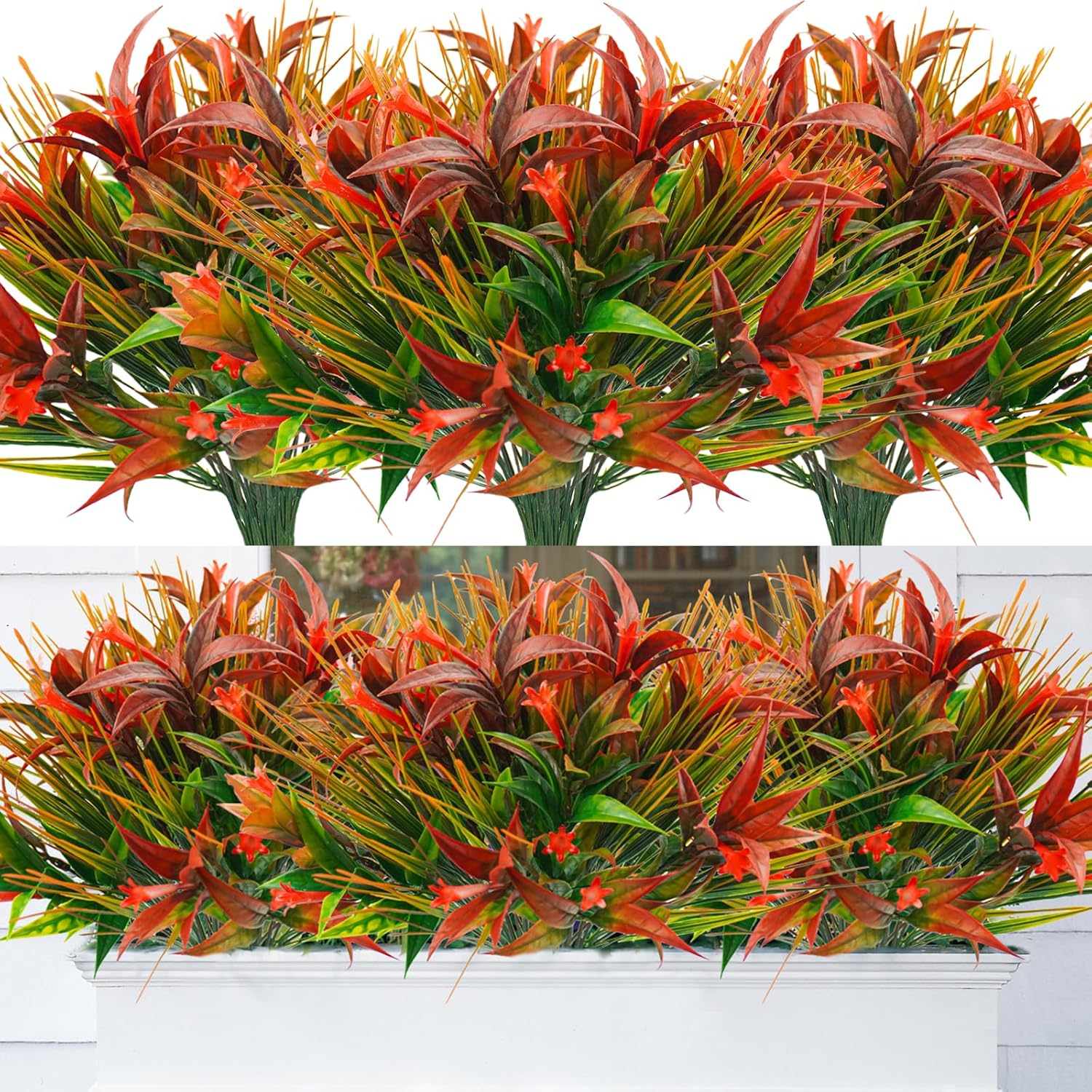 Uieke 16Pcs Outdoor Artificial Plants UV Resistant, Fake Morning Glory Flowers with Orange Grass, Tropical Flowers Fall Leaves Foliage for Garden Patio Sidewalk Décor Red