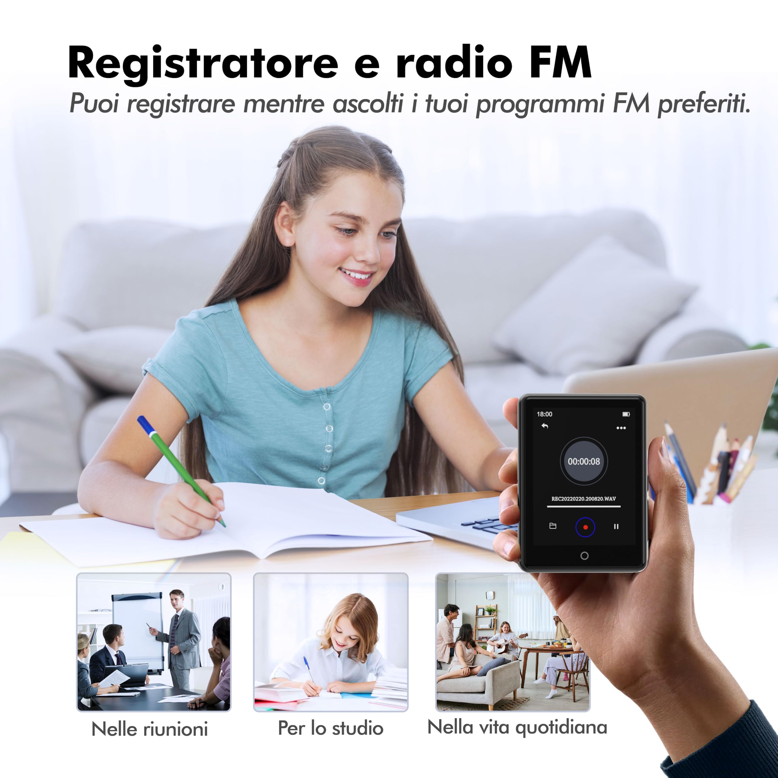 32 GB Lettore MP3 con Bluetooth 5.3, portatile altoparlante per bambini | Qualità audio HiFi, Touch screen da 2,8 pollici, Radio FM, Registratore vocale, Supporta schede TF fino a 128 GB (Nero)