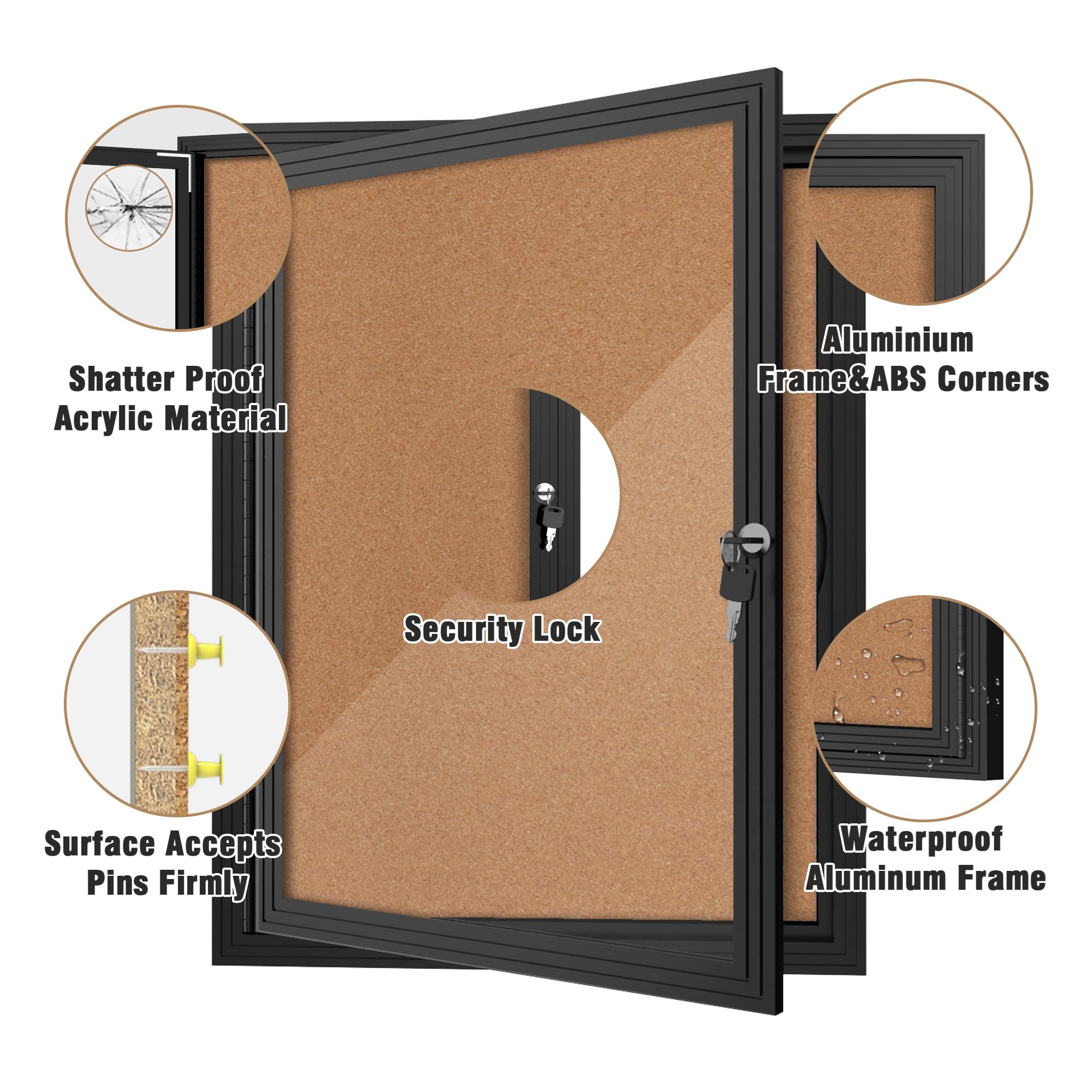 Mifuro Tablón de anuncios cerrado de 26 x 20 pulgadas, tablero de anuncios de corcho de aluminio resistente a la intemperie para escuela y oficina, marco plateado con flet negro