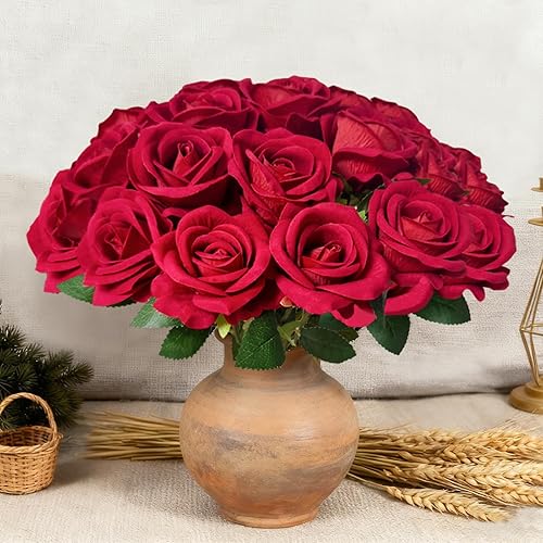 Miniatura 5 de 100 rosas artificiales rojas a granel, ramo de rosas artificiales de seda de terciopelo con tallos para decoración de bodas, flores falsas en