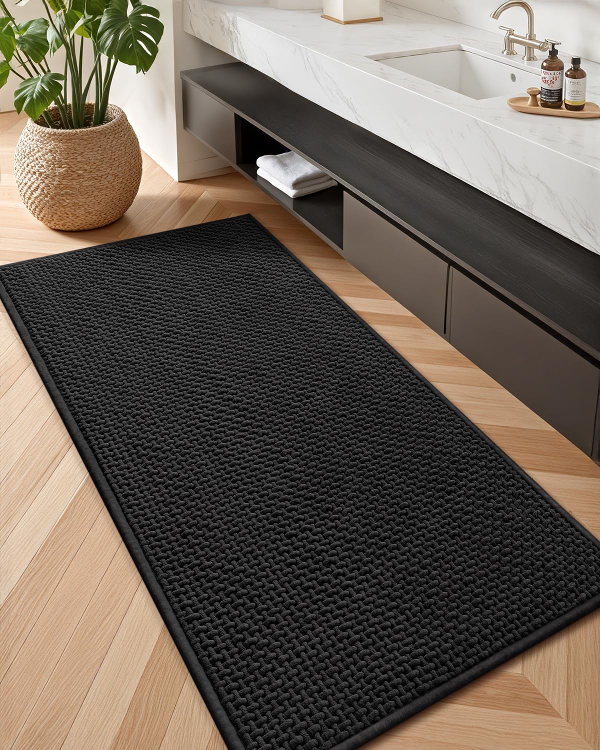 Color&Geometry Rubber Backed Waffle Bath Mat 47x17, Non Slip Machine Washable Bathroom Rugs, Soft Absorbent Chenille Boho Carpet for Bathroom Floor,