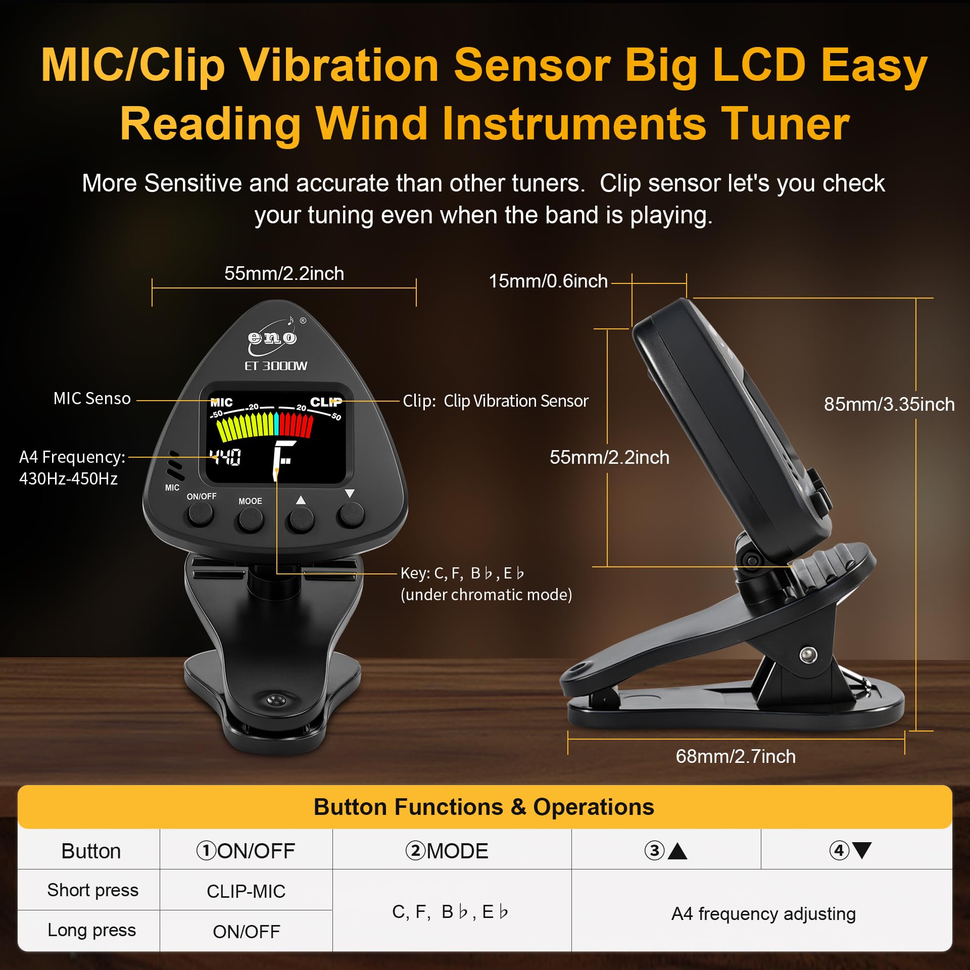 ENO MUSIC Professionelles Stimmgerät für Altsaxophon mit farbigem LCD-Display – solides Blasinstrumentenstimmgerät, Saxophon-Zubehör für Musiker
