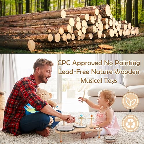 Miniatura 3 de Juego de batería para niños pequeños de 1 a 3 años, instrumentos musicales todo en uno, juguetes musicales de madera, juguetes sensoriales