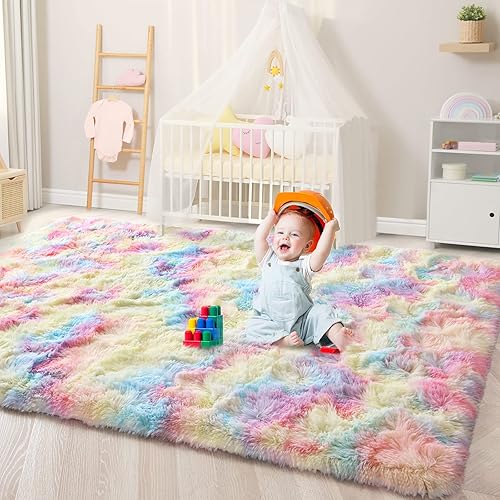 Vocrite Rainbow Rug for Kids Room, 4'x6' Fluffy gy Area Rugs for Nursery Classroom, Non-Slip Plush Furry Fur Carpet for Girls&Boys Baby Toddlers, Rectangle Throw Rugs, Tie-Dyed Rainbow