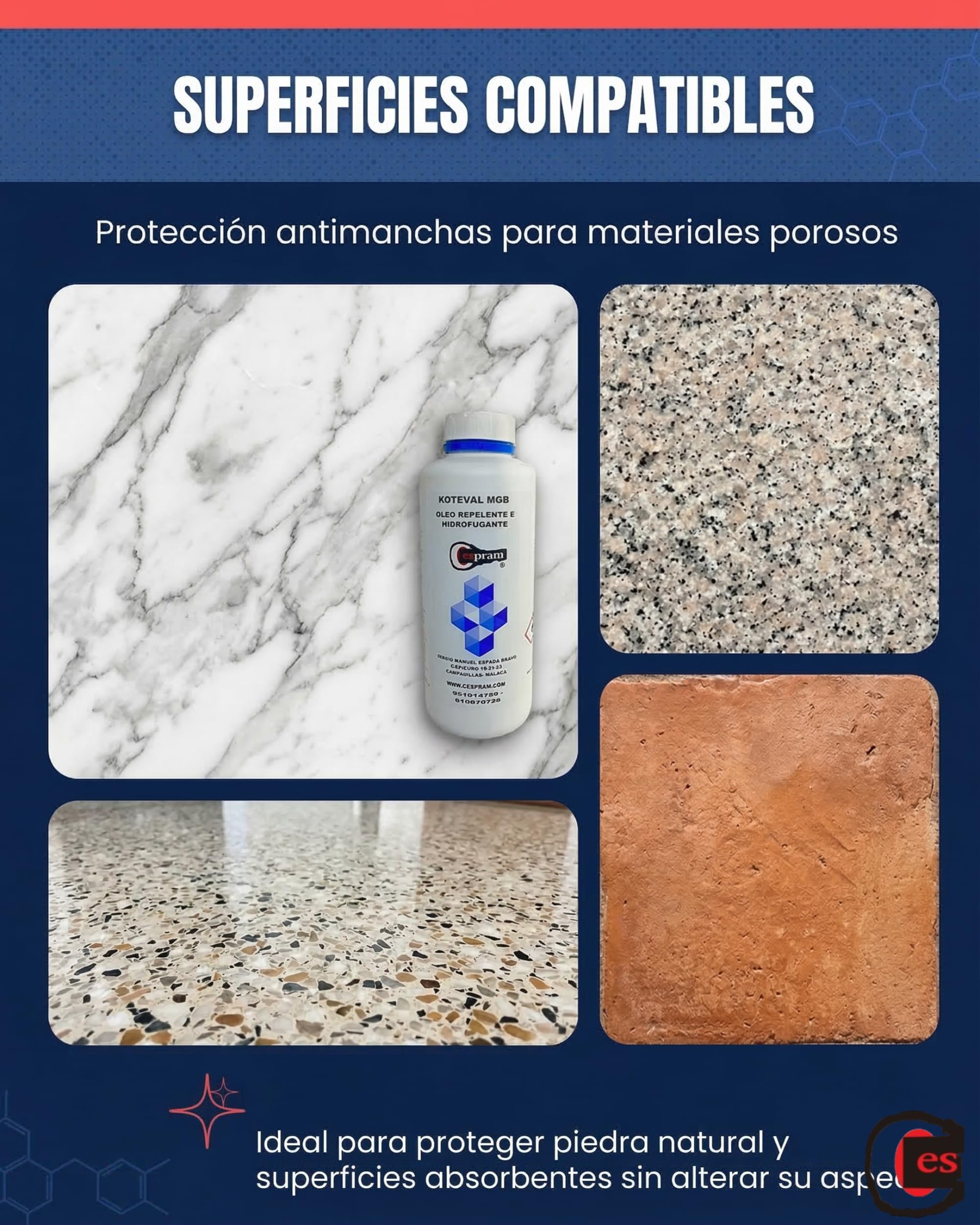 KOTEVAL MGB 1 L Antimanchas para Mármol, Granito y Piedra Natural, Protector Hidrófugo Oleófugo Invisible, Ayuda a Repeler Agua, Grasa y Suciedad en Superficies Porosas