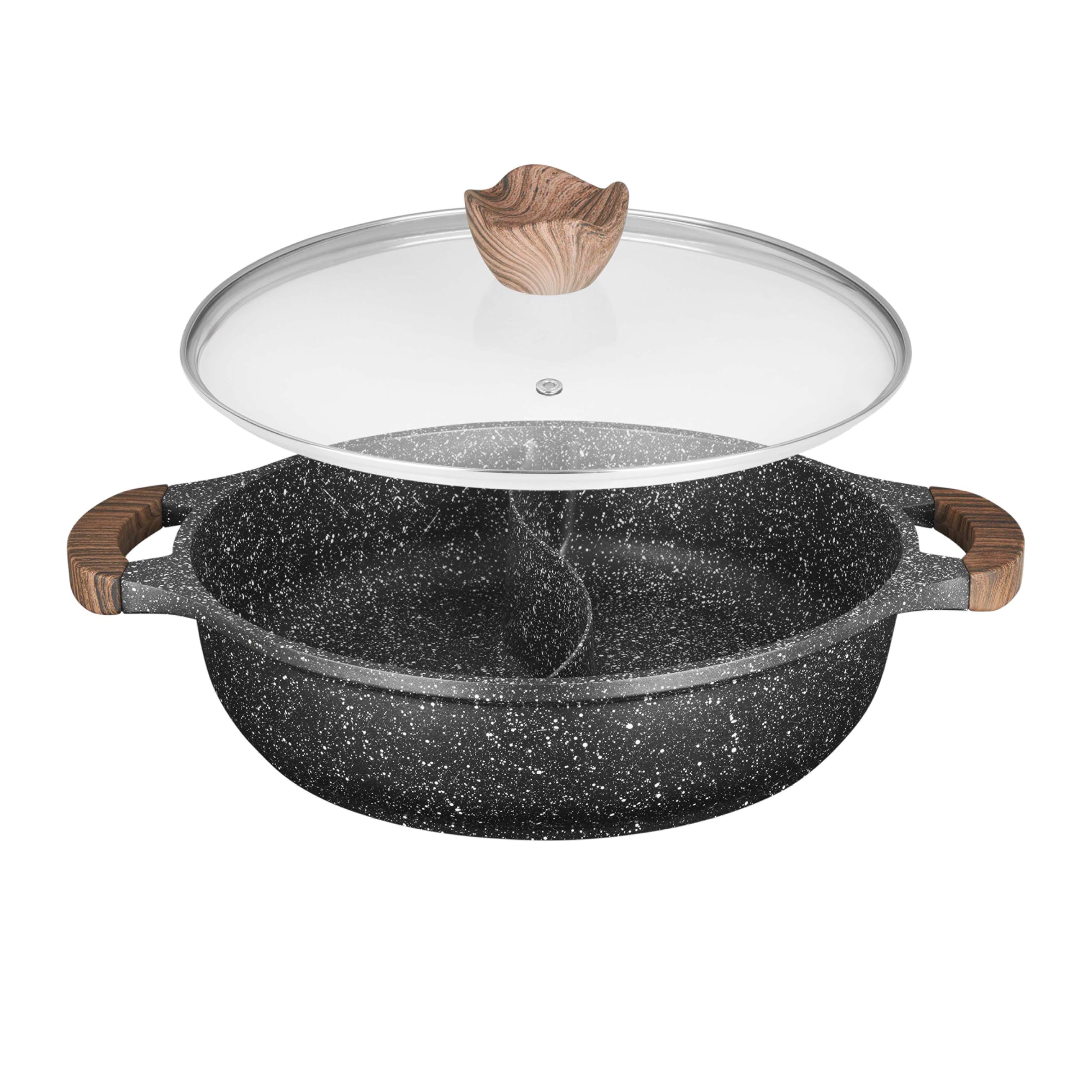 Sitram 716948 Sauteuse 2 compartiments Ø28 cm en fonte d’aluminium – Revêtement anti-adhérent sans PFOA effet pierre – Marmite Shabu avec couvercle en verre – Tous feux dont induction