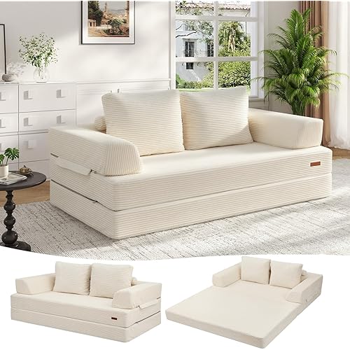 COMAX Convertible Sofa Bed Queen, Folding Floor Couch Corduroy Fold Out Couch Bed Futon Sleeper Mattress with Pillows, Boneless Sofa Comfy Lounge Loveseat for Living Room Bedroom, Beige
