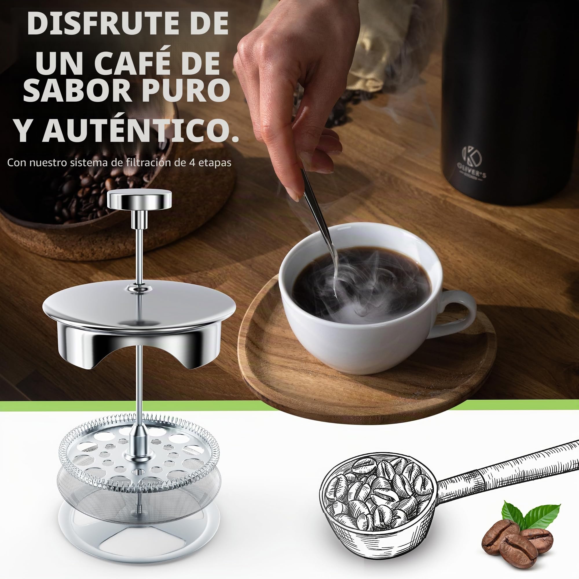 Oliver's Kitchen ® Cafetera de prensa francesa de de primera calidad, con aislamiento térmico, doble pared, color negro, 1 litro