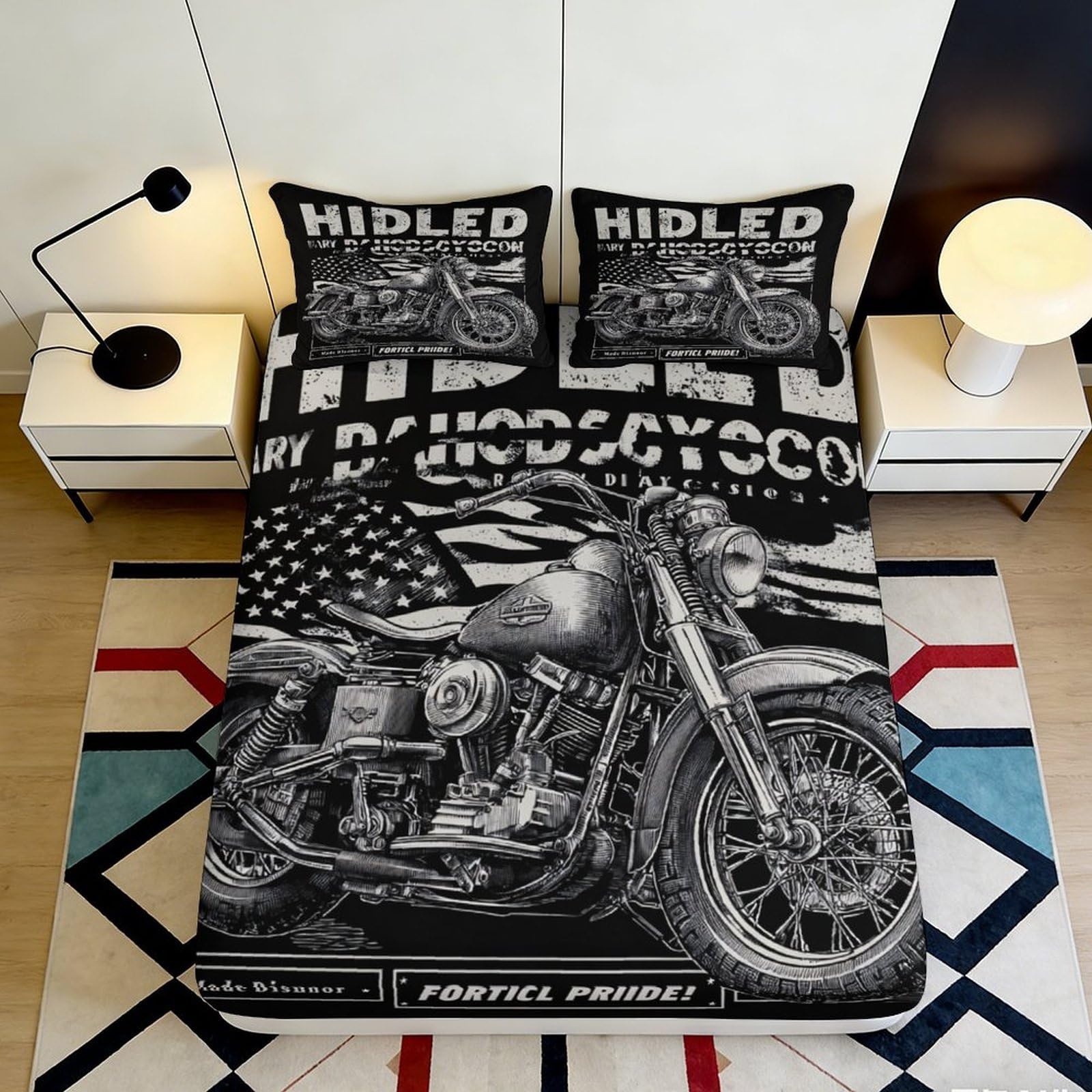 3D Printed Vintage Motorcycle Fitted Sheet Microfiber Black American Flag Bed Cover for Bedroom Guest Room Dorm Decor 90x200x25cm
