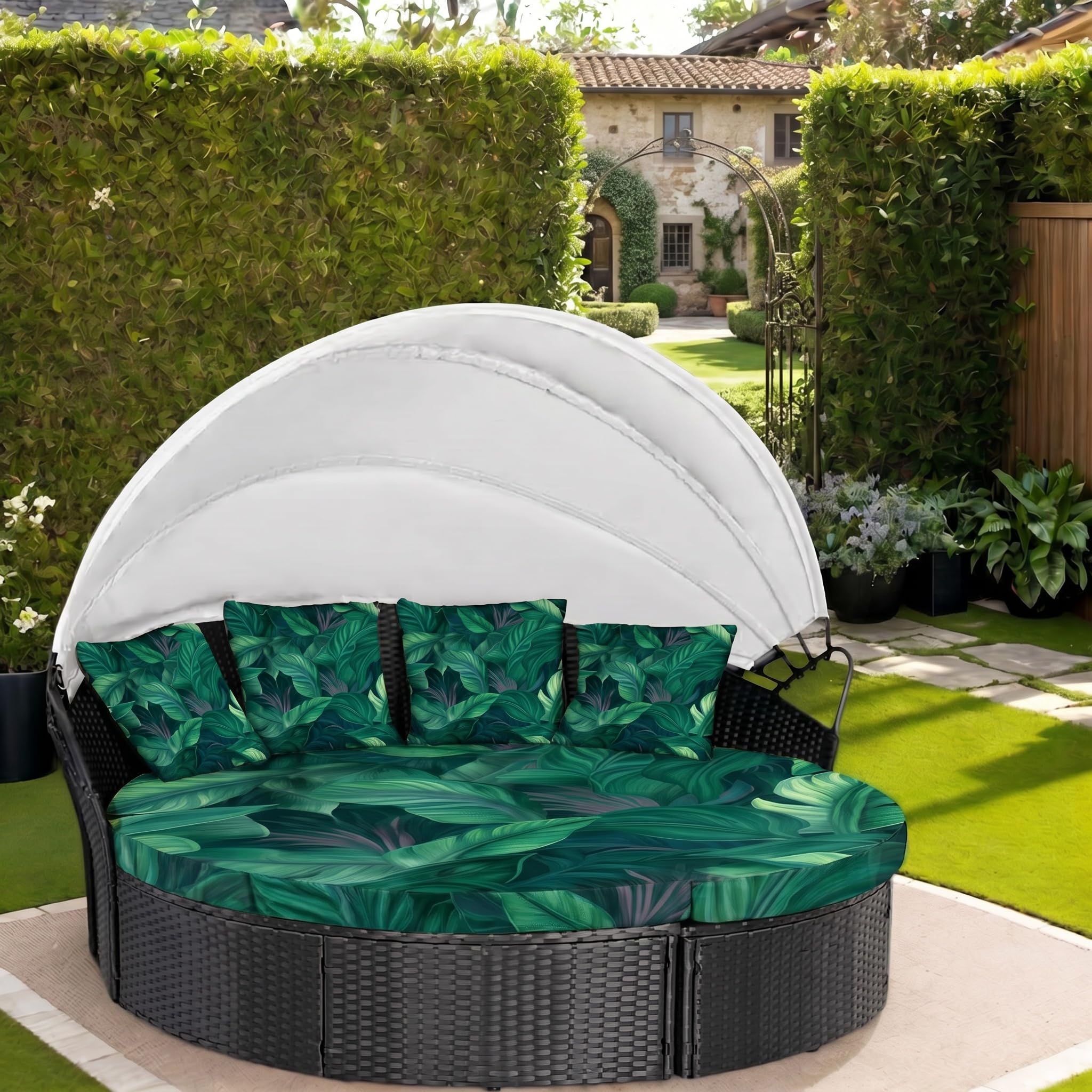 LiveGo Outdoor Daybed Cushion Cover, 66" Replacement Daybed Cover with Elastic Band, Sun Bed Cushion Cover, Outdoor Round Bed Cushion Covers (Leaves C, 4 Quarters Round Covers + 3 Pillow Covers)