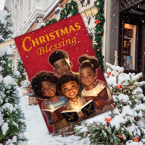 Miniatura 8 de Decoraciones de bendición de niña negra, bandera de jardín de arpillera de feliz Navidad, 12 x 18 pulgadas, doble cara, villancicos de Navidad