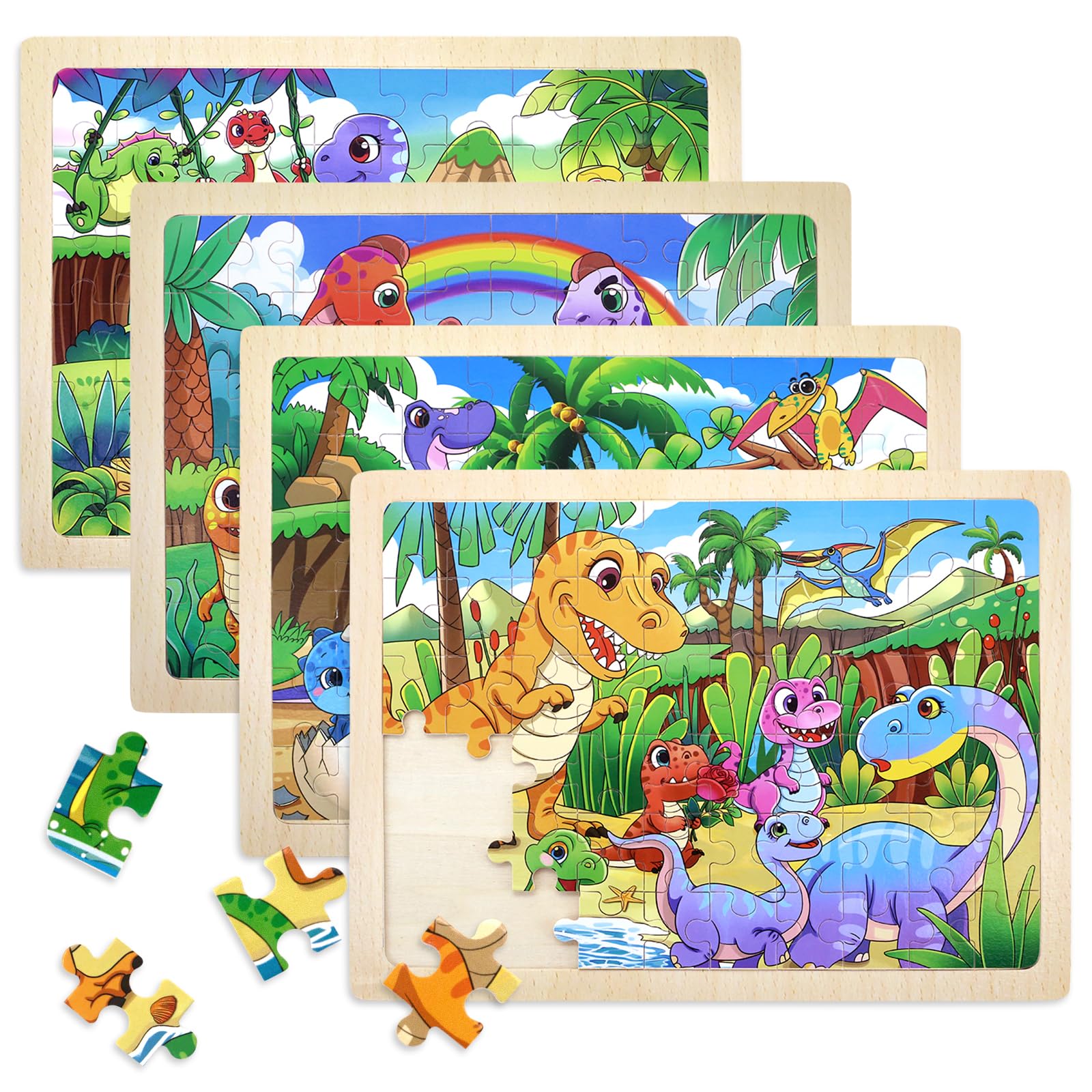 4 Packs Puzzles Dinosaur Toys for Kids 3-5, 60 Piece Wooden Dinosaur Toddler Puzzles for Kids Ages 4-6, Wood Jigsaw Puzzles Preschool Educational
