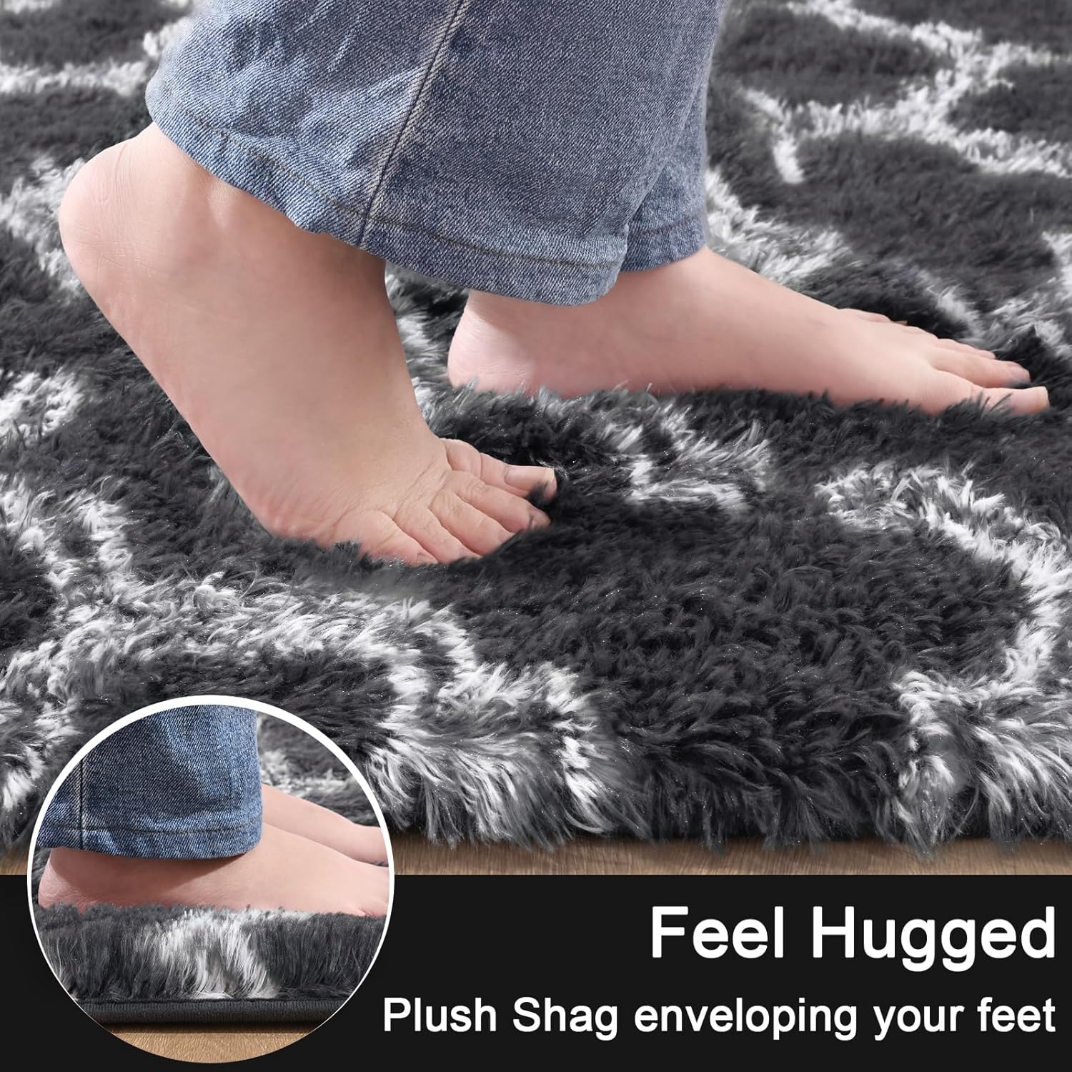 LOCHAS Luxury Shag Area Rug 8 x10 Feet Geometric Plush Fluffy Rugs, Extra Soft Carpet Moroccan Rugs for Bedroom Living Room Dorm Kids, High Pile Shaggy Floor Rug Decor, Dark Grey and White